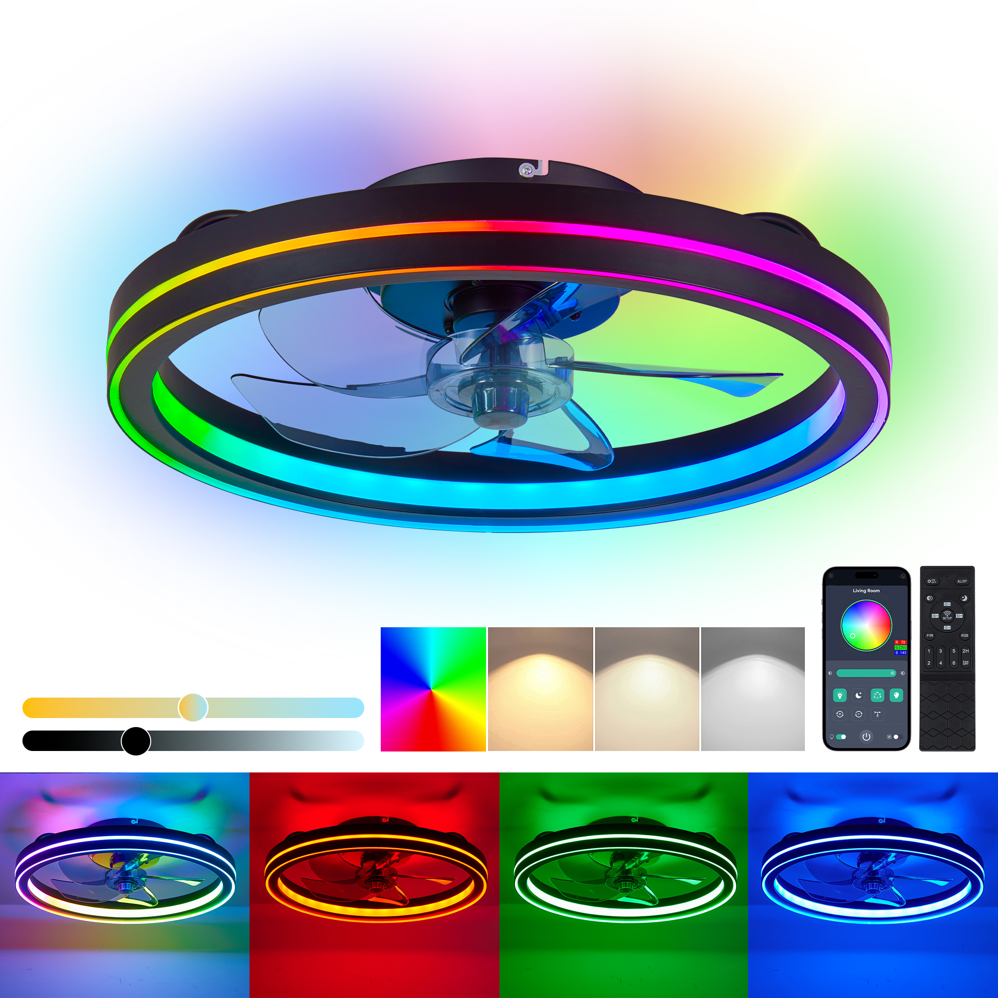 RGB Ceiling Fan with Lights, Low Profile Ceiling Fans with Lights and Remote, Flush Mount LED Fan Light, Modern Bladeless Fandelier for Bedroom Works with APP, 19IN Black