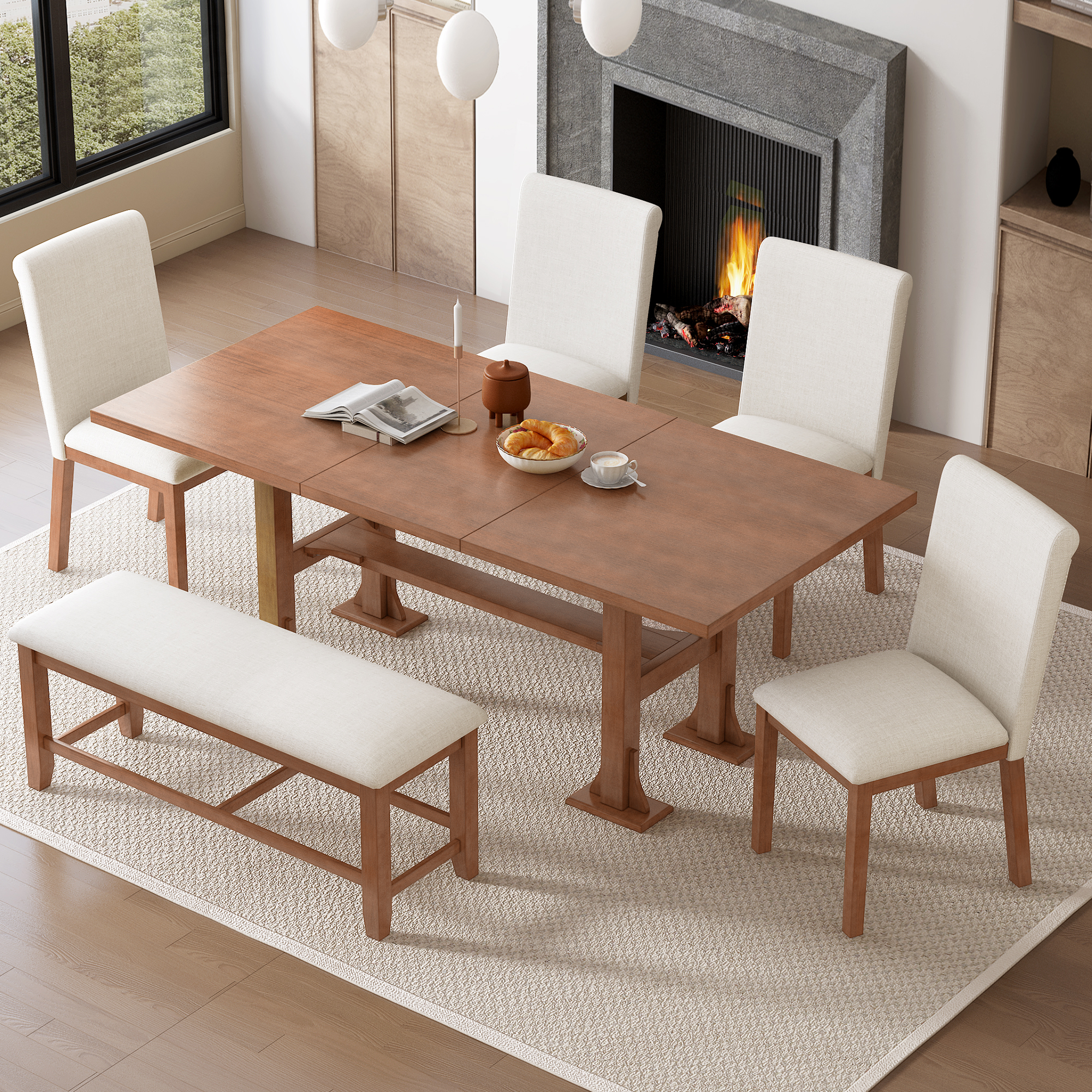 TOPMAX Farmhouse 76inch 6-Piece Extendable Dining Table Set Trestle Kitchen Table Set with 18inch Removable Leaf and Upholstered Dining Chair and Bench for Dining Room, Brown+Ivory