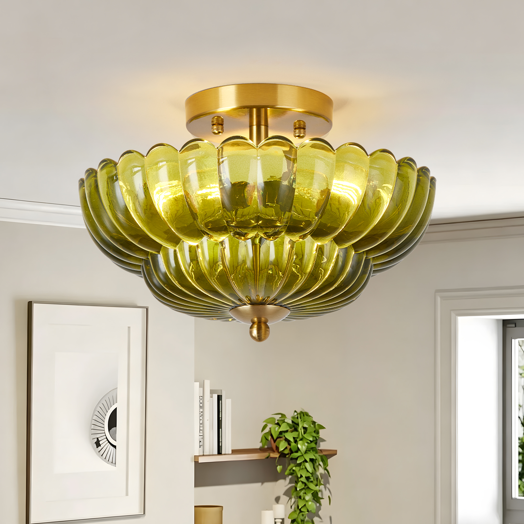 11.8 inch Kitchen Ceiling Light, 3-Light Semi Flush Mount Ceiling Lamp with Flower Glass, Vintage Close to Ceiling Light Fixtures for Bathroom Bedroom Hallway Entryway, Green