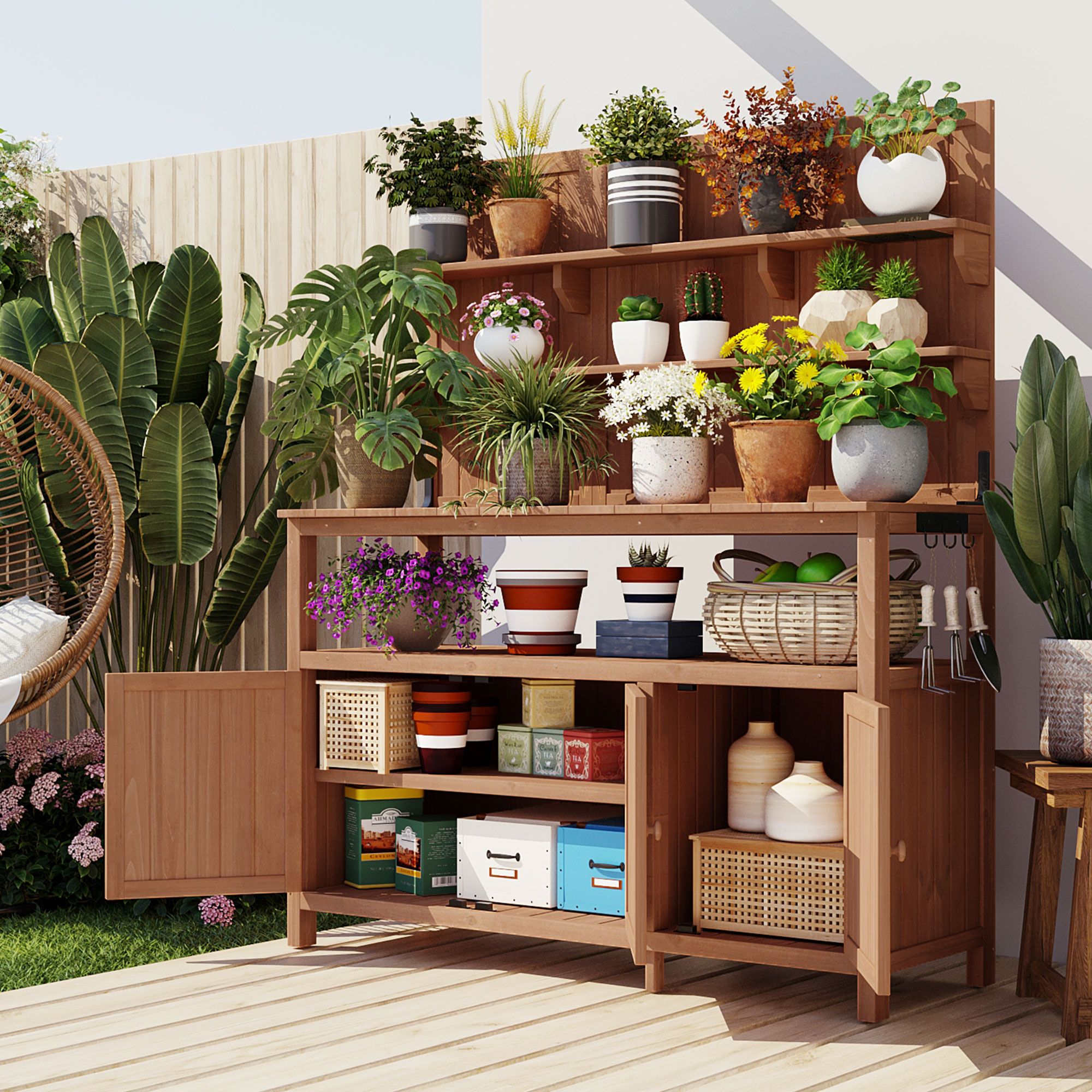 TOPMAX Potting Bench with Hutch, 50.2" Solid Fir Wood Garden Workstation, Large Countertop, 2 Shelves, 2 Cabinets, 3 Side Hooks, Outdoor Planting Table for Gardening, Natural