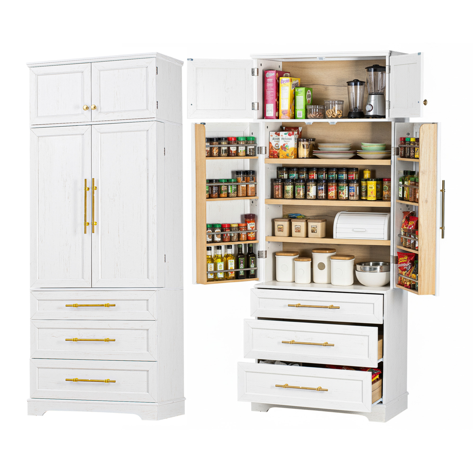 K&K 78.2" Tall Farmhouse Kitchen Pantry Cabinet with 8 Door Shelves, Storage Cabinet with 3 Adjustable Shelves, 3 Large Drawers, Versatile Cupboard for Kitchen, Dining & Bathroom, Retro White