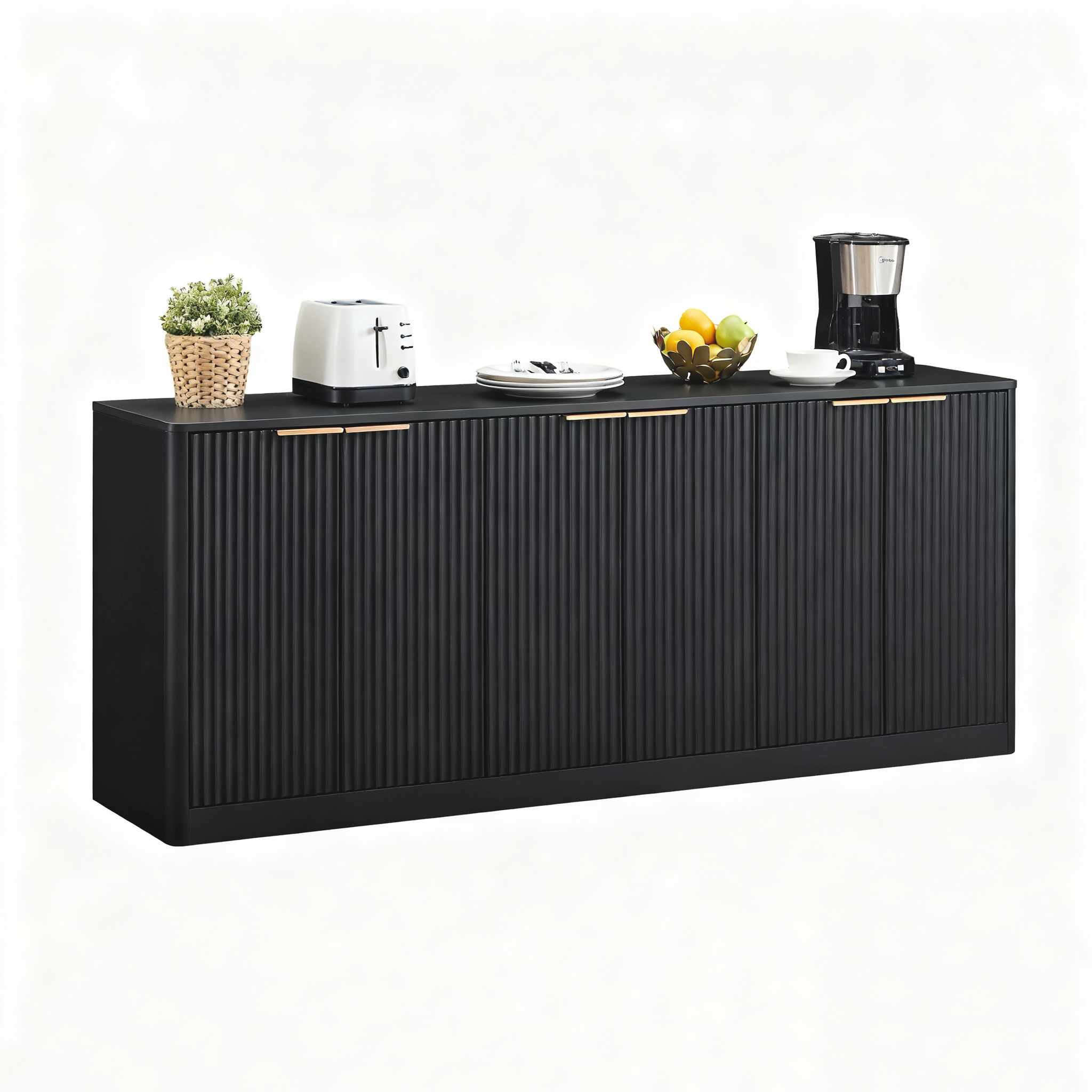 67-inch modern wavy sideboard, curved contour design storage cabinet, 6-door cabinet with storage function, suitable for kitchen / bedroom / living room, Black, 67.0"L x 15.7"W x 27.7"H