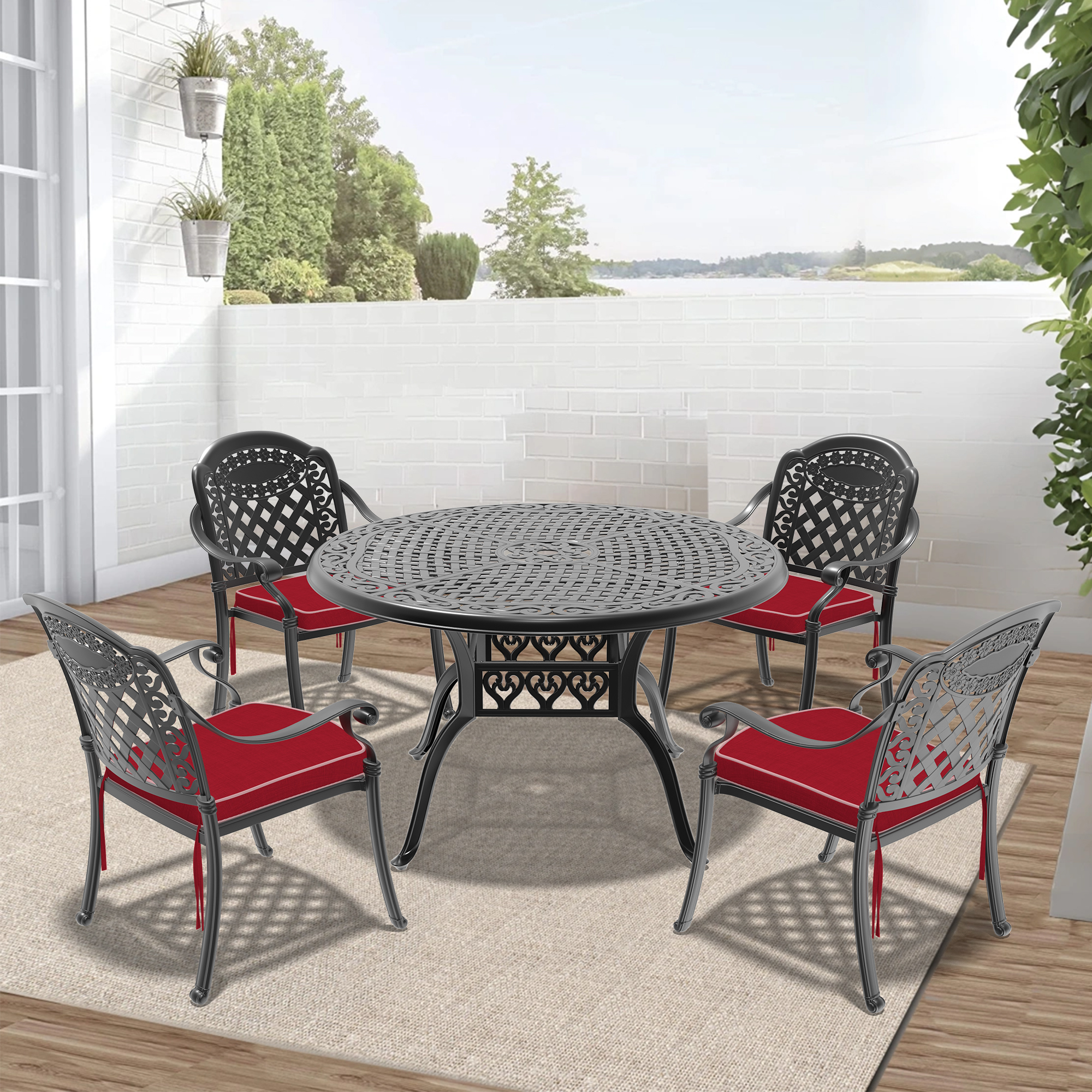 5-Piece Set Of Cast Aluminum Patio Furniture With Black Frame and Red Seat Cushions(same sku:W1710S00141)