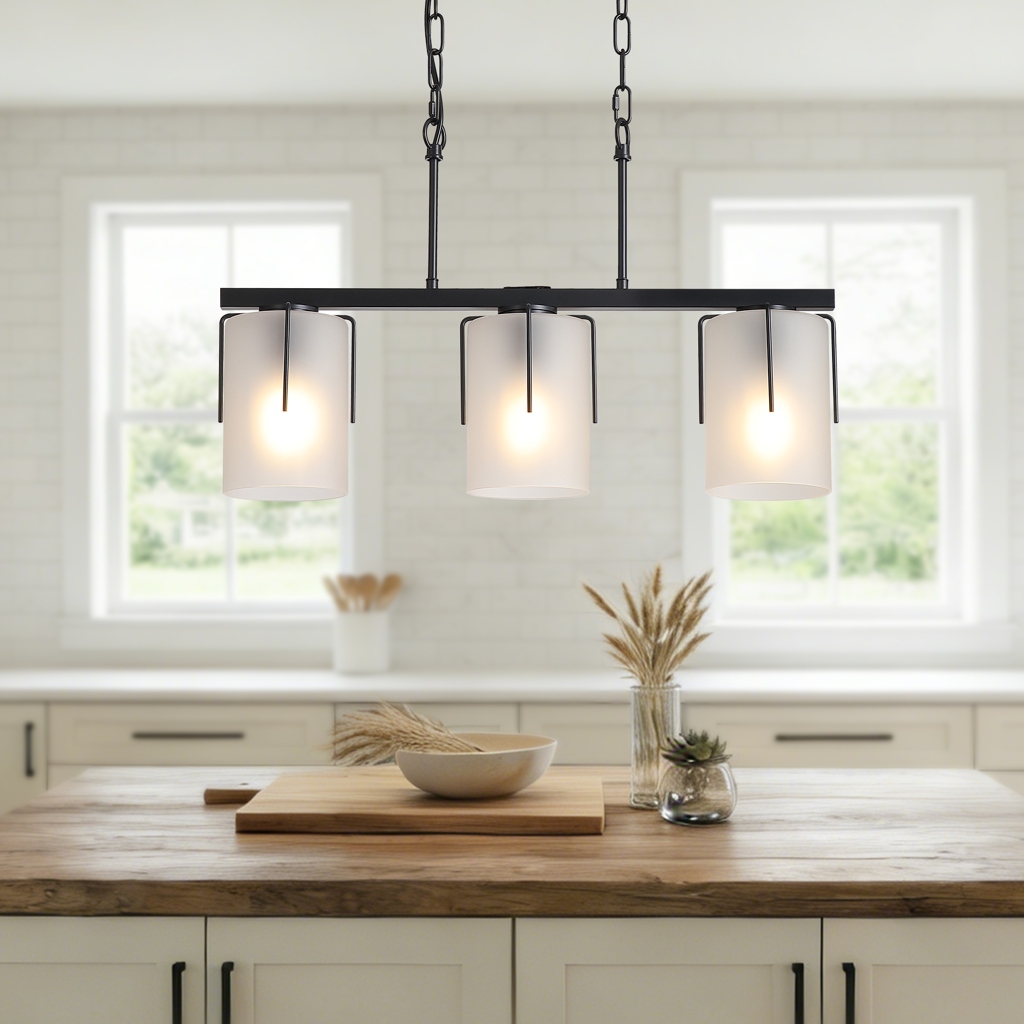 Minimalist 3-Light Linear Chandelier, Matte Black Pendant Lighting with Frosted Glass Shades, E26 Base Adjustable Ceiling Fixture for Dining Room Kitchen