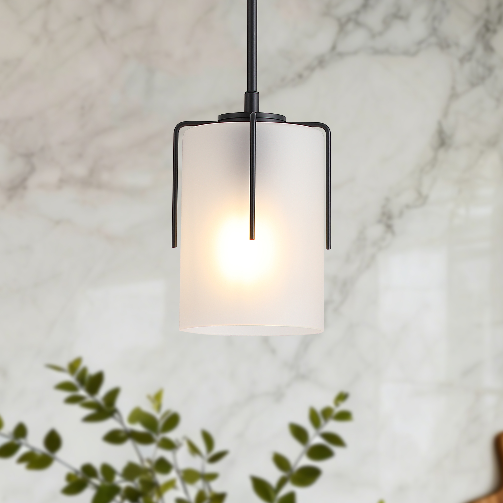 Modern Adjustable Cylindrical Pendant Light, Milky White Frosted Glass & Black Metal Frame, E26 Base, Compatible with Flat/Vaulted/Sloped Ceilings, Ideal for Kitchen Island, Dining Room, Bedroom