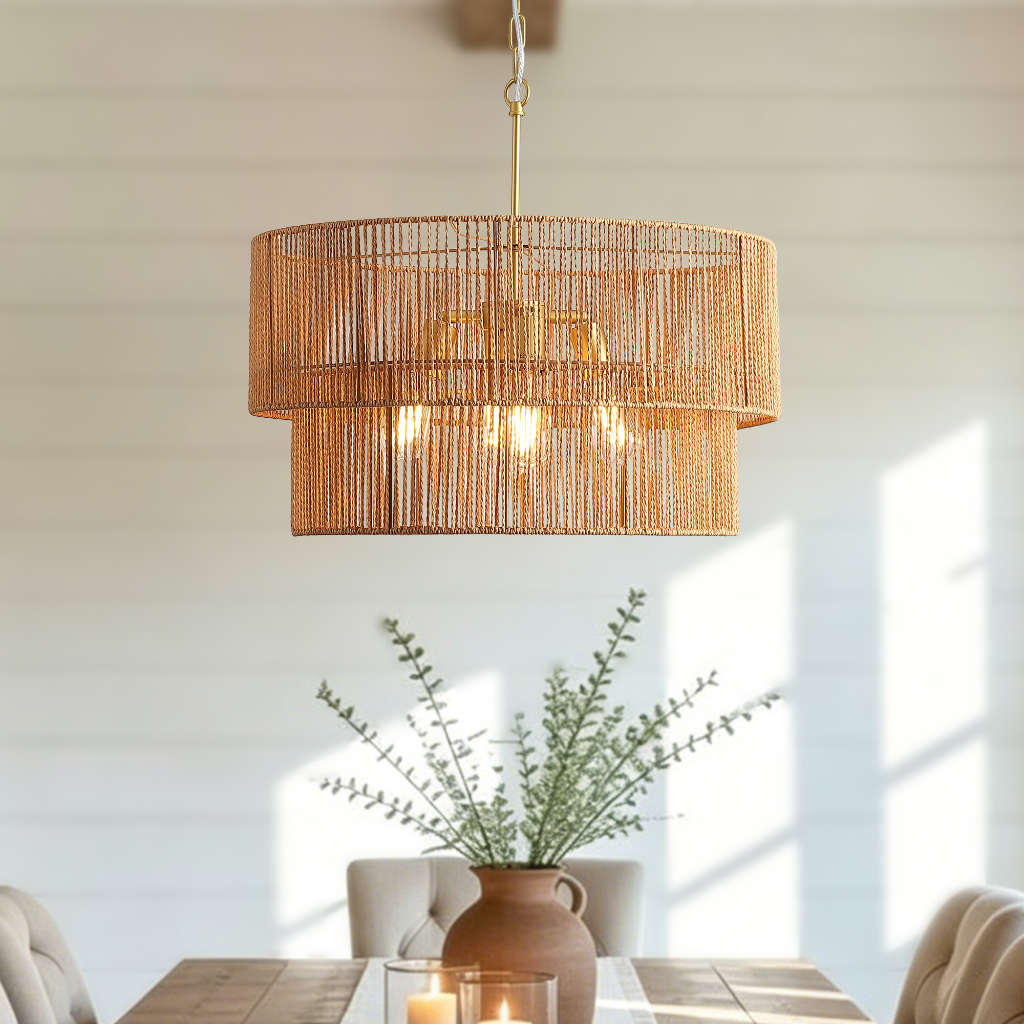 23.62" Handwoven Woven Paper Rattan Chandelier, 2-Tier Boho Wabi-Sabi Pendant Light, Gold Metal Hanging Ceiling Lamp, Wicker Lighting Fixture for Dining Room Kitchen Island Living Room