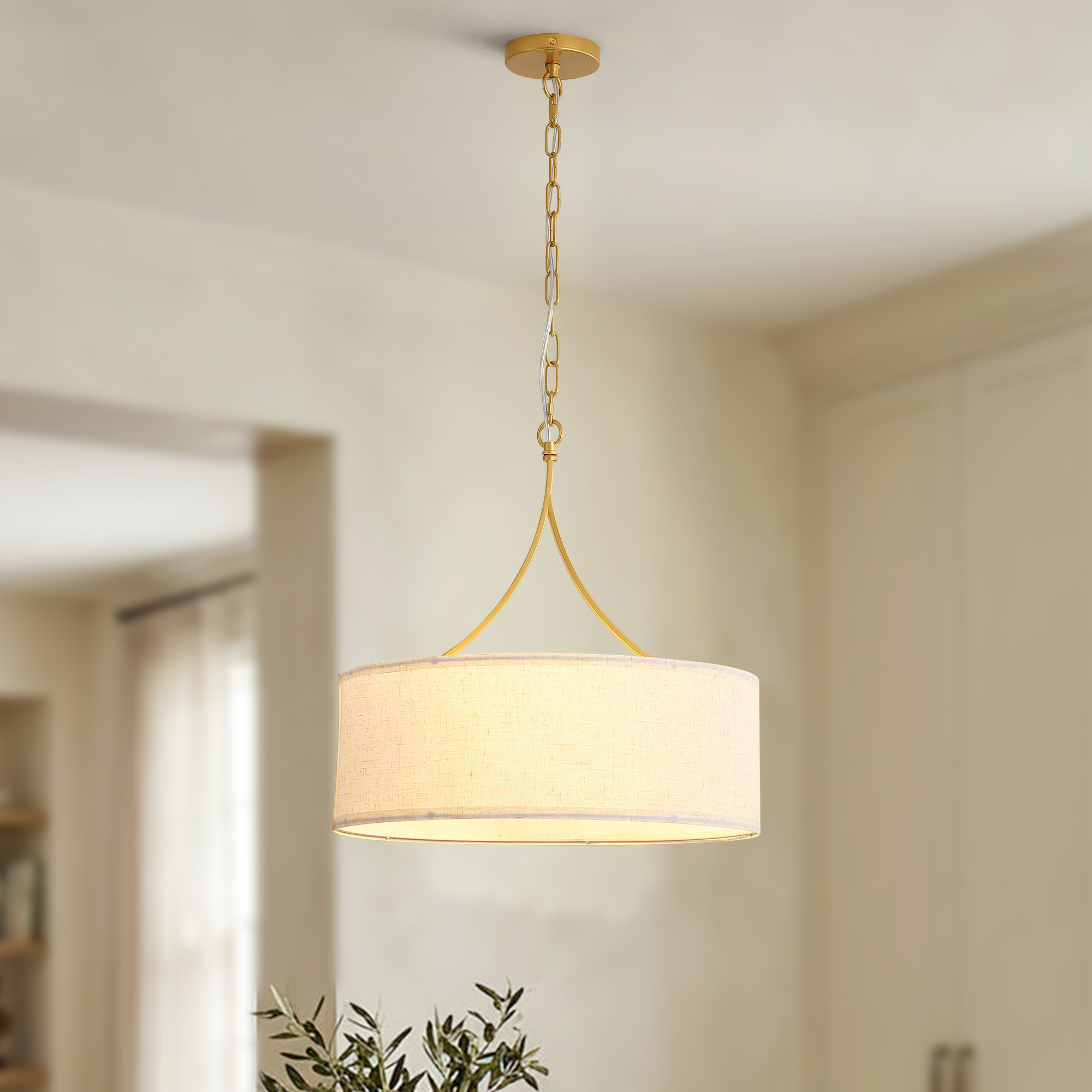 3-Light Gold Fabric Drum Pendant Light, Transitional Farmhouse Dining Room Chandelier Over Table, Adjustable Height Ceiling Light Fixture for Kitchen Island Living Room Entryway