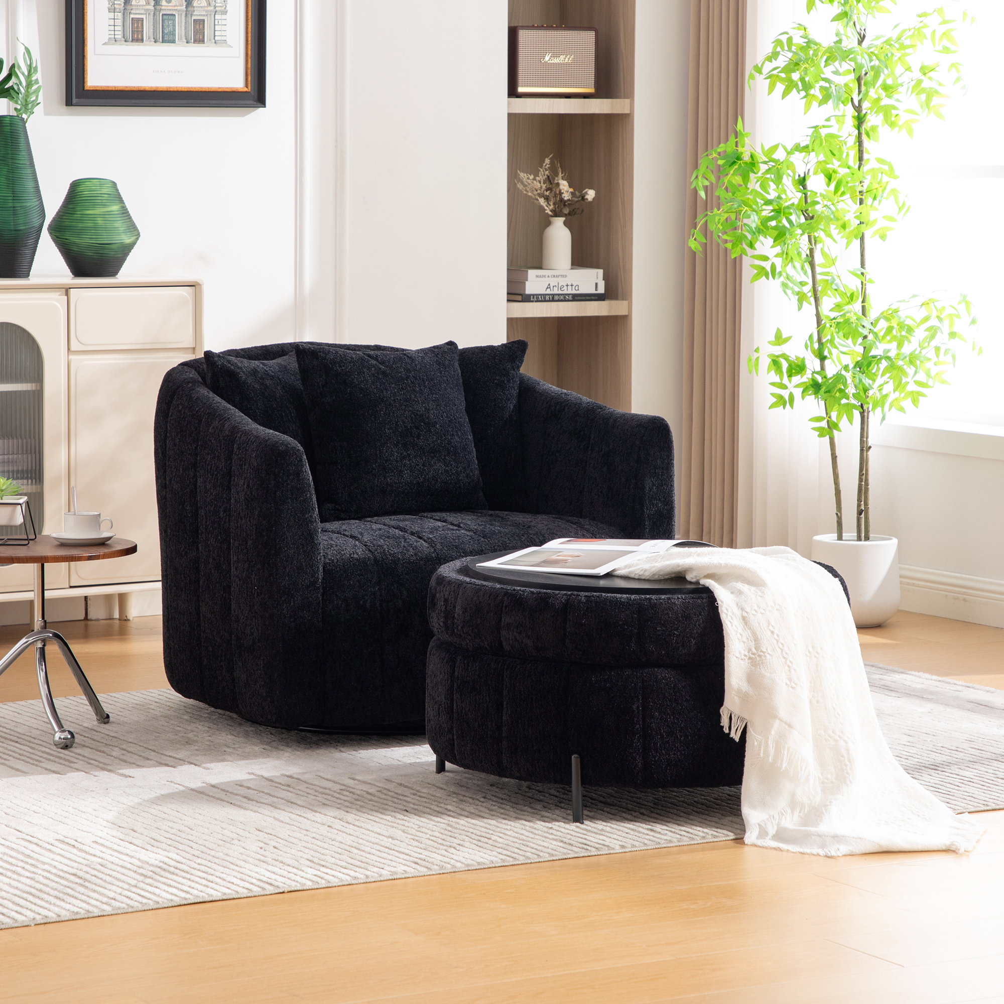 39"W Oversized 360° Swivel Accent Barrel Chair and Half Sofa with Round Ottoman Set, Chenille Channel Tufted Pumpkin Club Armchair & Pillows with Storage Stool for Living Room, Bedroom, Lounge, Black