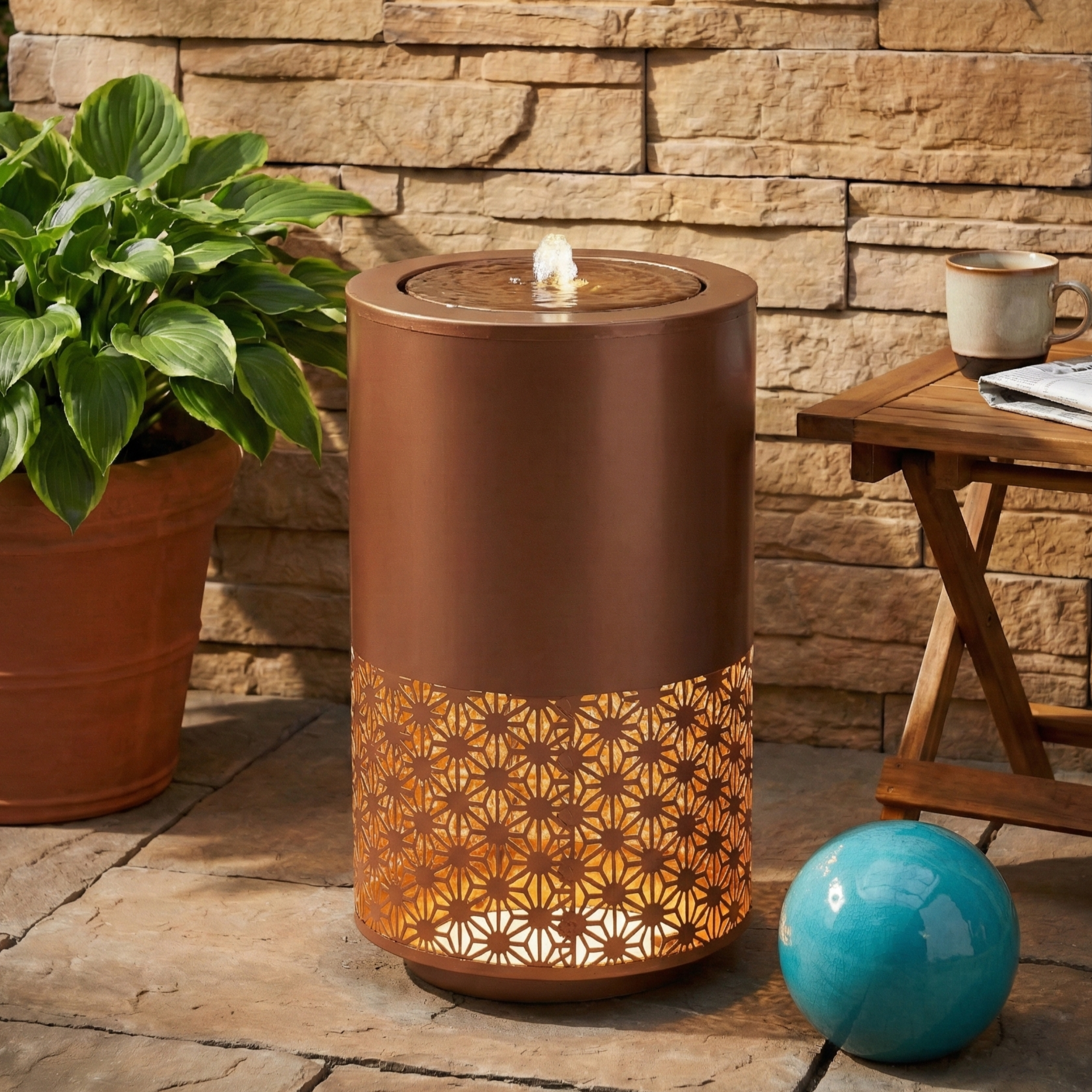 20.87"H Brown Metal Cutout Outdoor Water Fountain with LED Lights, Modern Freestanding Candle Style Water Feature for Patio Backyard Decor