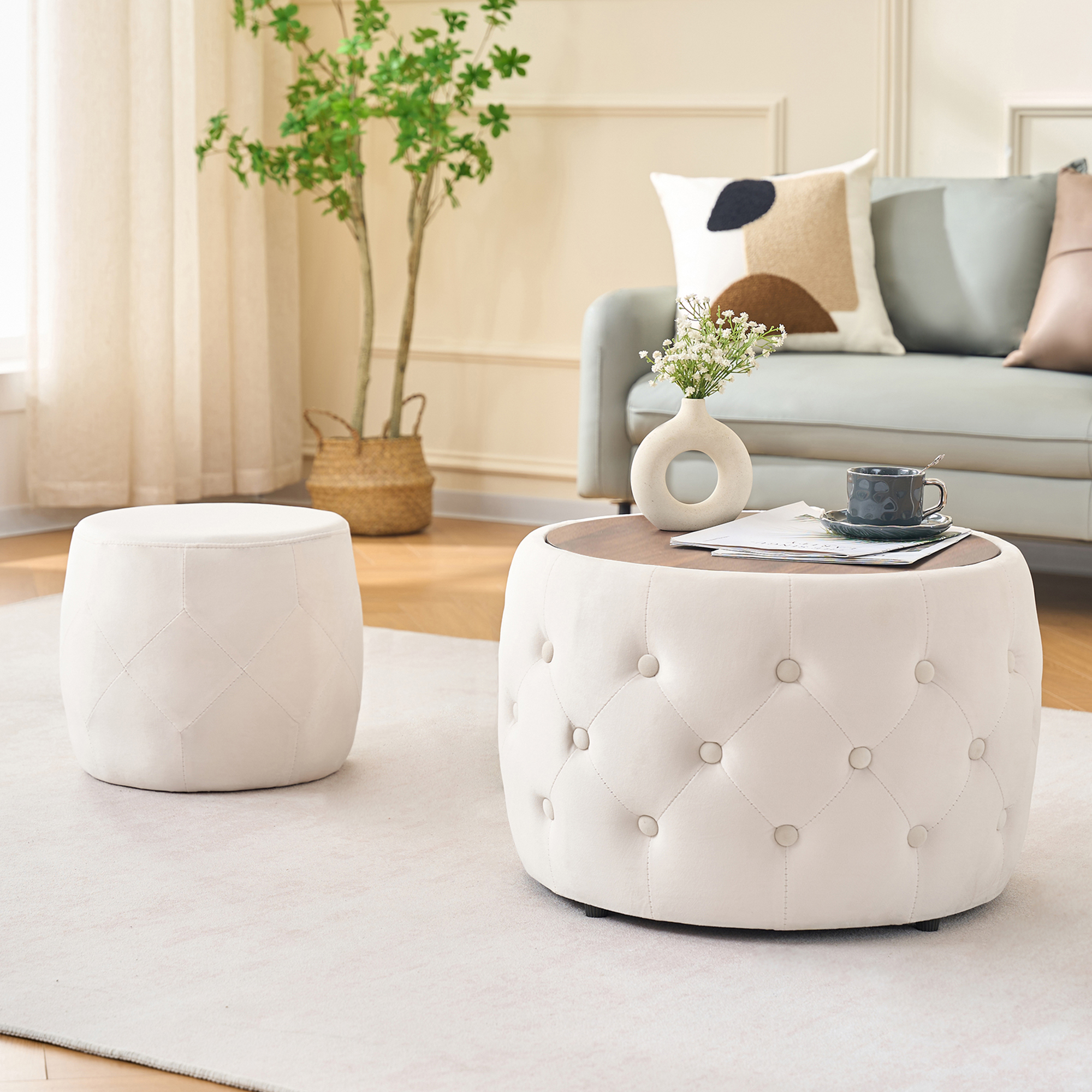 Luxurious Velvet Nesting Ottomans of 2, 4-in-1  Function, Round Storage Foot Stool with Wood Tray, No Assembly Needed, Beige (22.75"x22.75"x15"H)