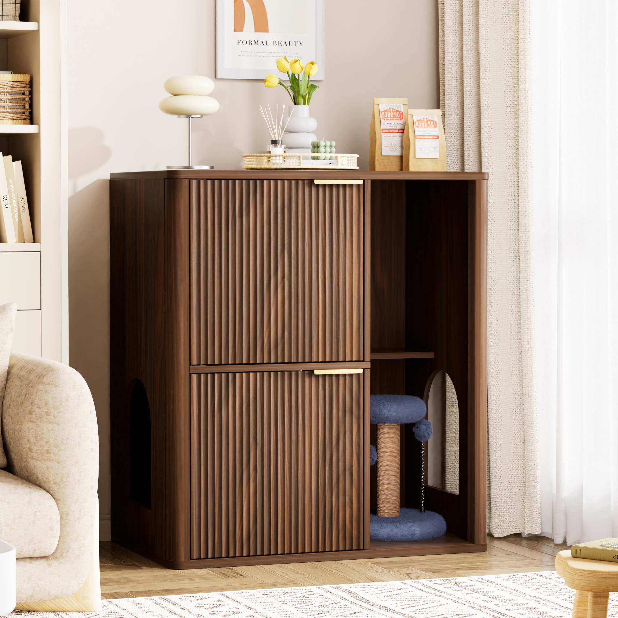 31.5-inch Walnut Cat Litter Cabinet with Cat Tree - Grooved Concealed Litter Furniture Featuring Dual Cat Doors and Storage Shelves, Versatile Pet Cabinet for Living Rooms or Bedrooms