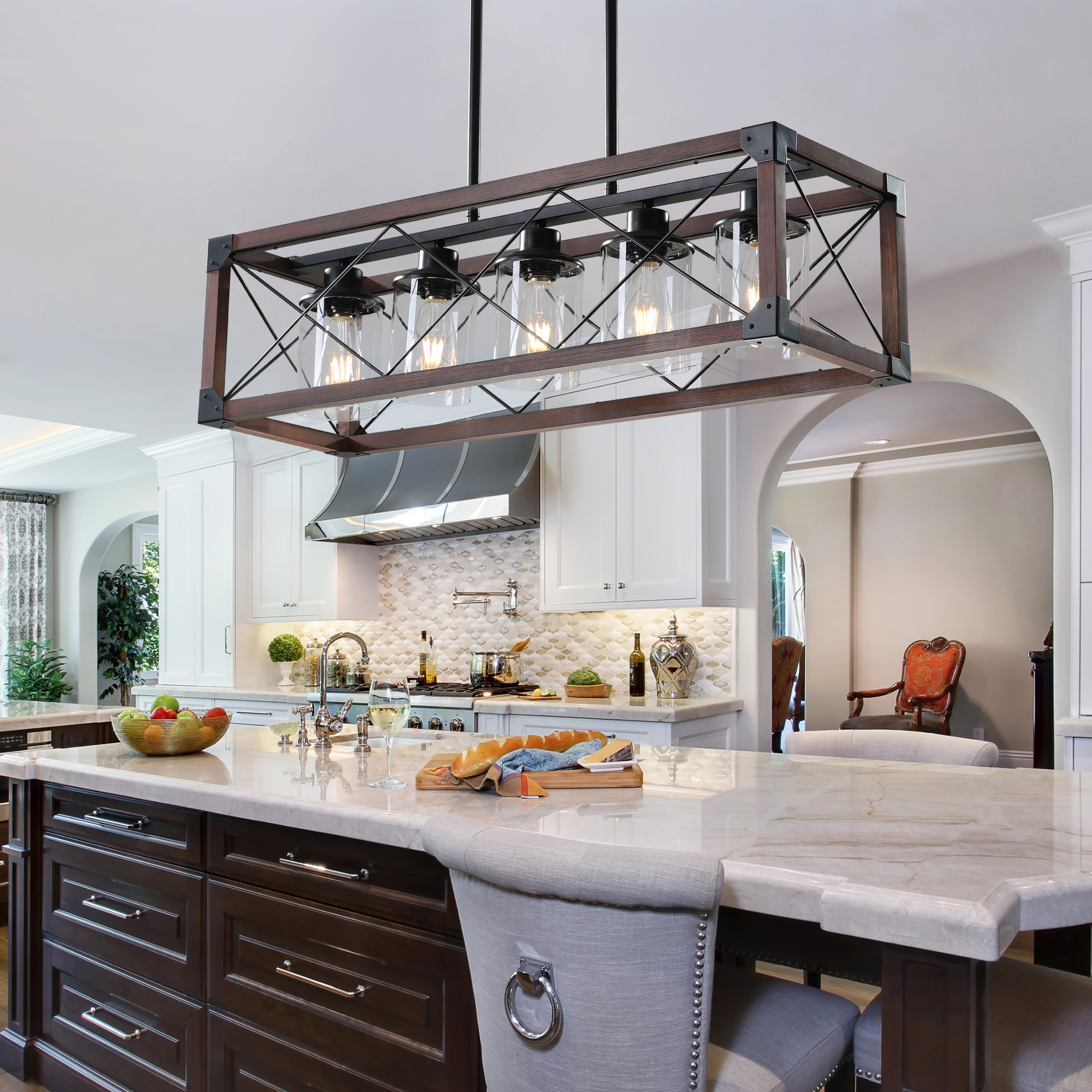 (Same as W1340P155971/L1011-RW-G) 32" Red Wood Industrial Farmhouse Rectangle Pendant Light, 5-Light Chandelier with Lampshade for Dining Room, Kitchen Island, Cafe Decor (No Bulbs)