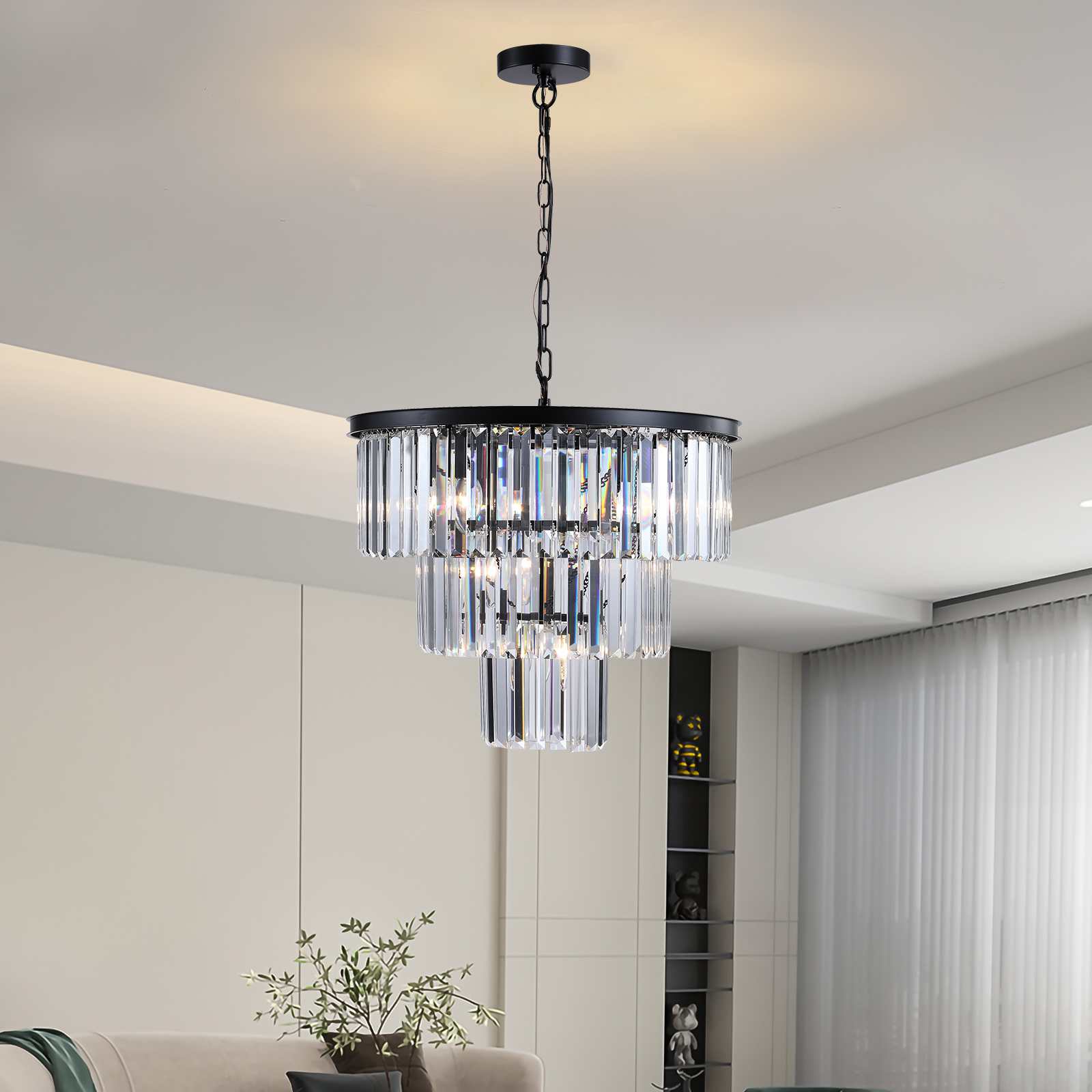 (Same as W1340102277/L5007) 20" Luxury 3-Tier Crystal Chandelier, 7-Light Black Frame Pendant Light, Elegant Ceiling Lighting for Living Room, Dining Room, Bedroom (No Bulbs)