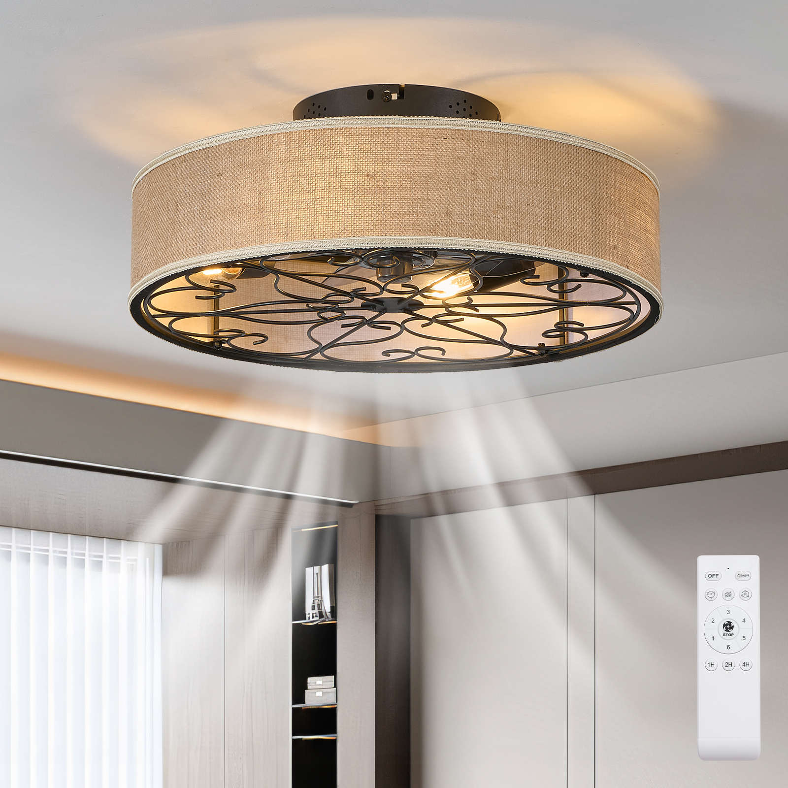 20 Inch Caged Ceiling Fans with Lights Flush Mount,Low Profile Fabric Farmhouse Bladeless Ceiling Fan with Remote, Farmhouse White Ceiling Fan for Bedroom,6 Speeds Reversible Silent Fandalier
