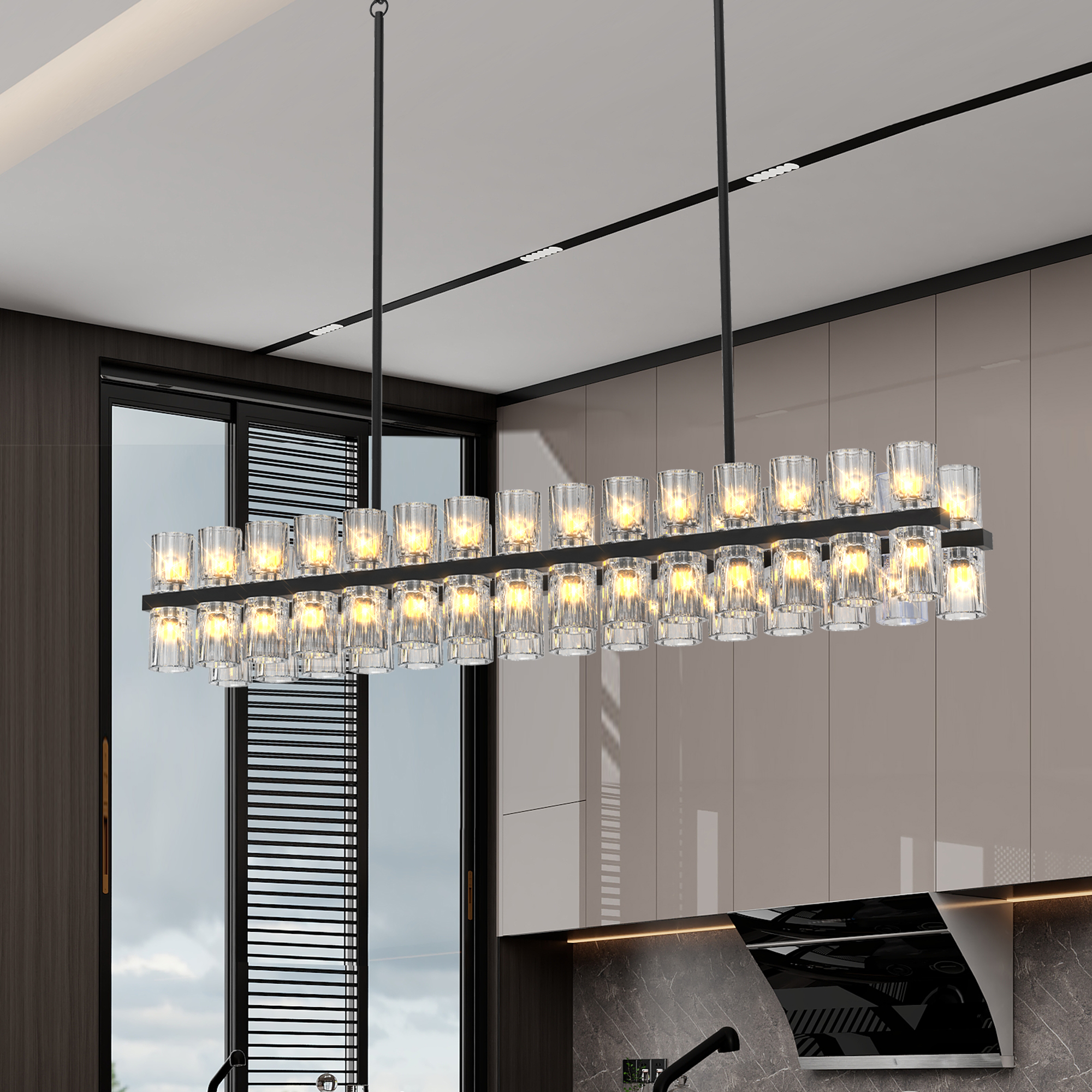 (L005030-D54-P60B/W1340P310780)Rectangular Luxurious Crystal Chandelier for Living Room & Dining Room, Black Frame with K9 Crystals