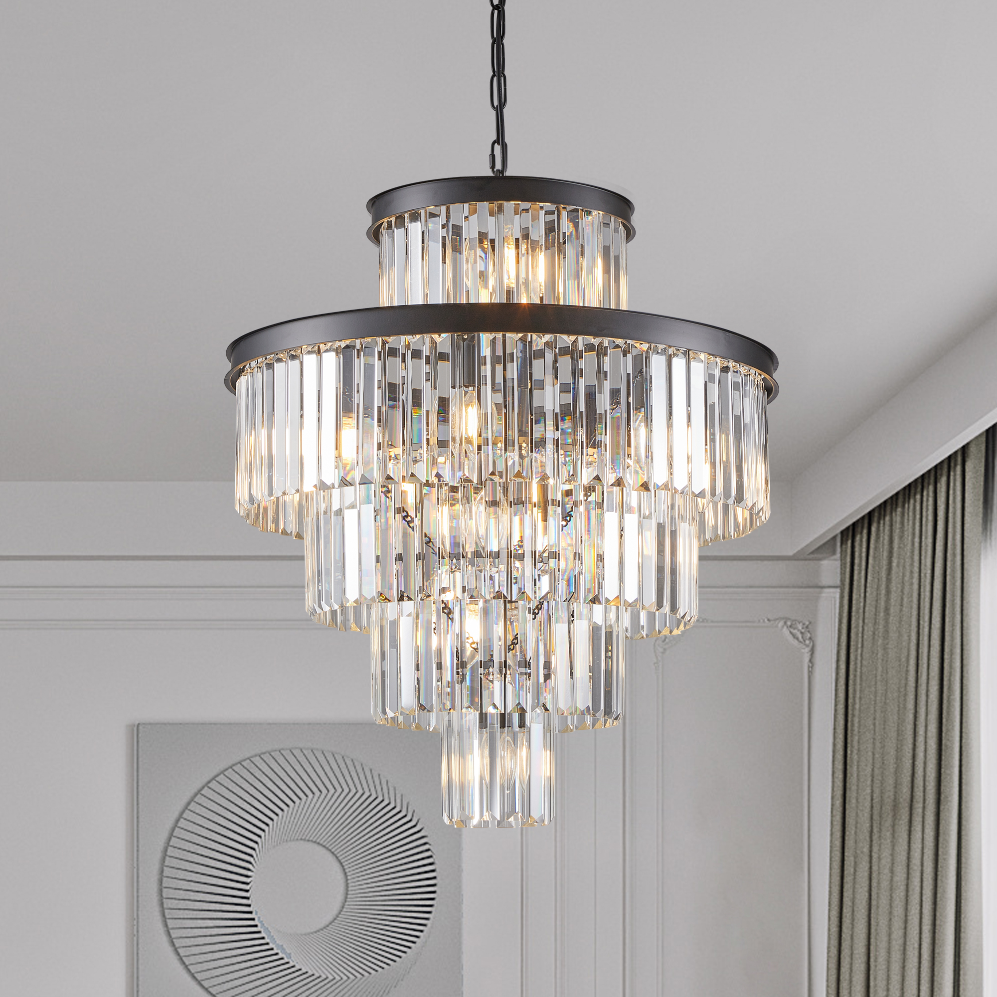 (Same as W1340P188535/L5002-600-B) 24" Luxury Crystal Chandelier with Black Finish – Elegant 15-Light 5 Tier Pendant Light Fixture for Living Room, Dining Room, or Entryway (Bulb Not Included)