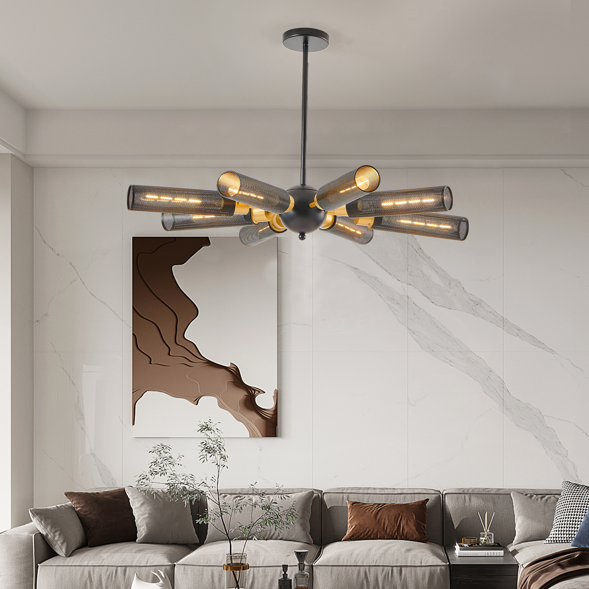 34" Modern Industrial Sputnik Chandelier, 8-Light Black and Gold Metal Pendant Light with Mesh Shades, E26 Base, Adjustable Height for Dining Room, Living Room, or Kitchen Island (Bulb Not Included)