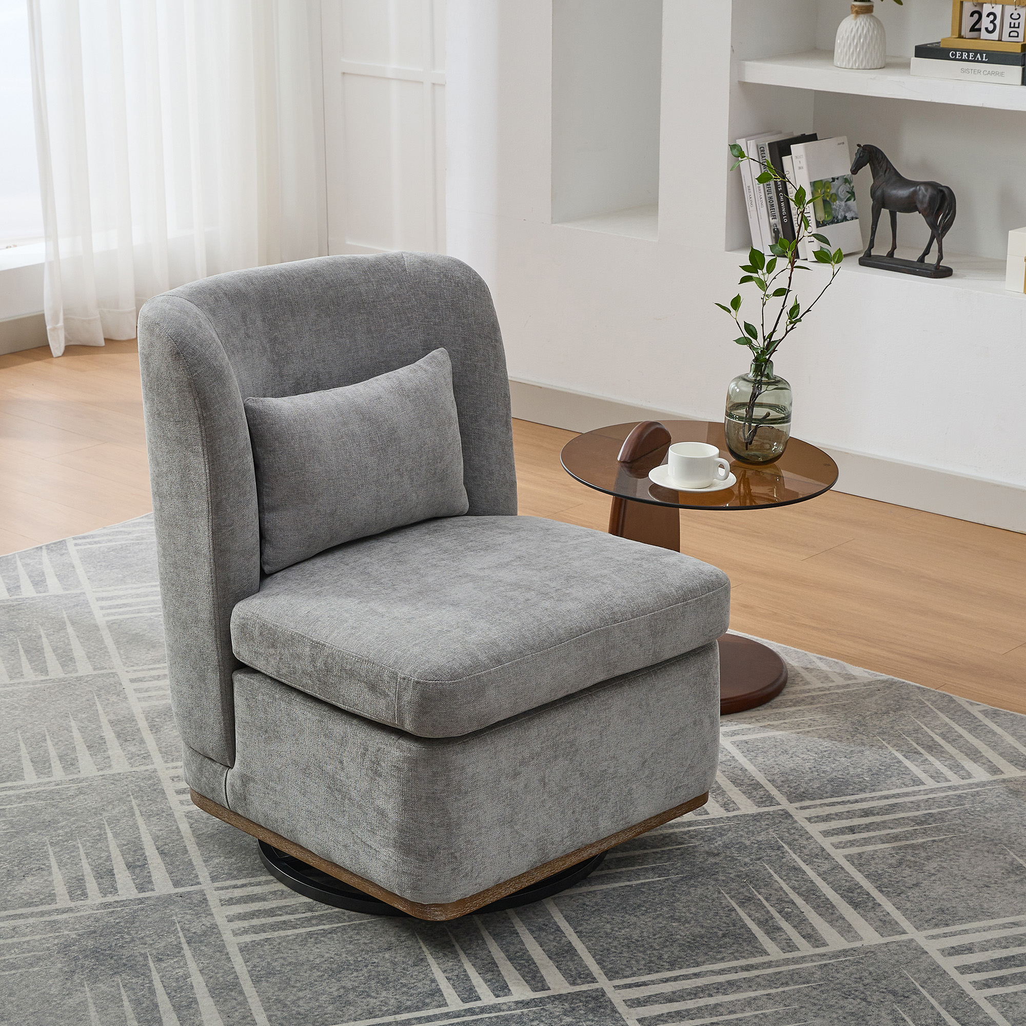25.2 "Wide Modern Chenille Cushioned Armless Metal Base 360° Swivel Chair with Pillow, Suitable for Living Room, Family Room, Bedroom, Lounge Area, Office.  Grey