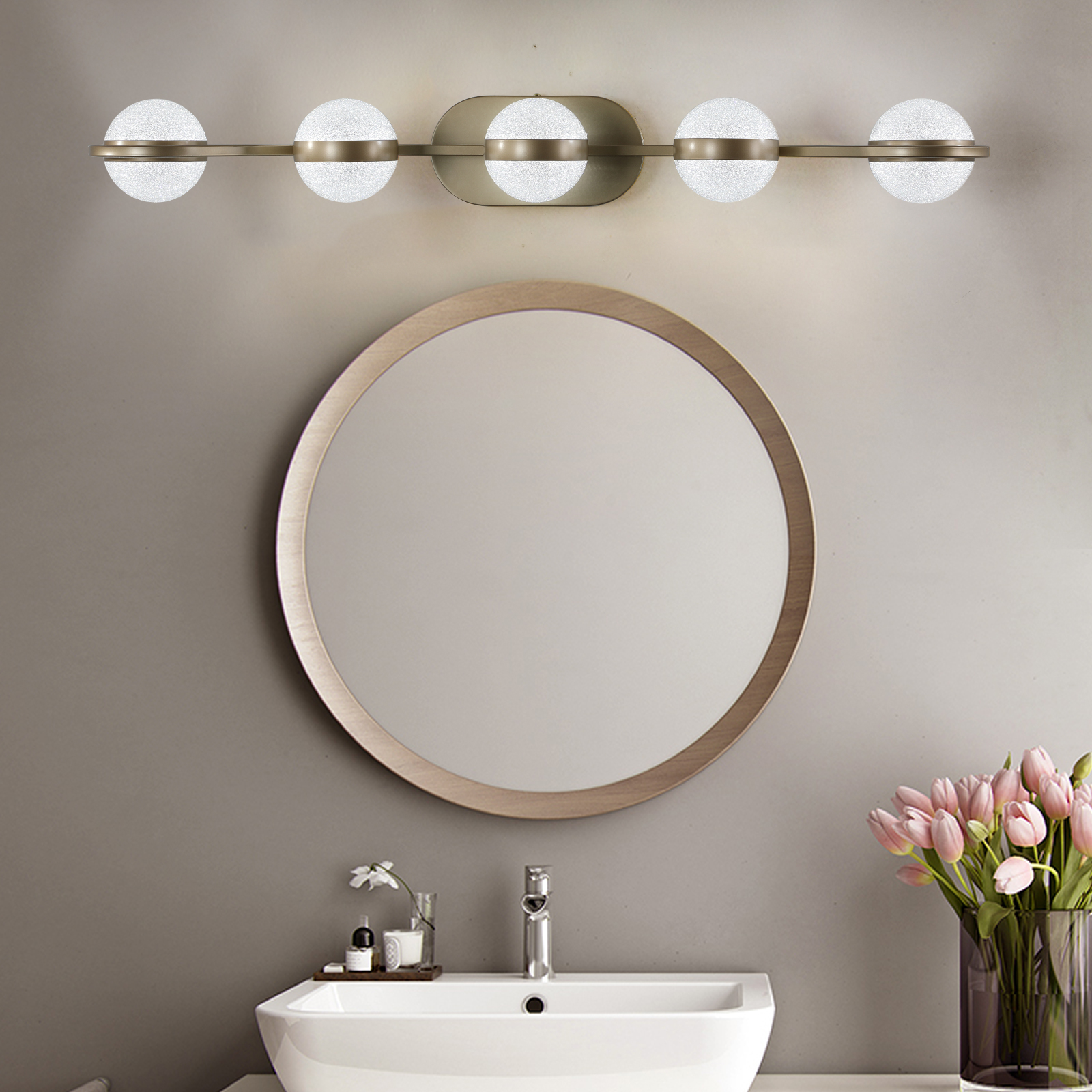 35" Modern Minimalist Bathroom Vanity Light, LED 5 Bulb Crystal Sand Acrylic Shades, Wall Mounted Decorative Lighting Fixture, Suitable for Bathroom Vanity Mirror (Champagne Gold)
