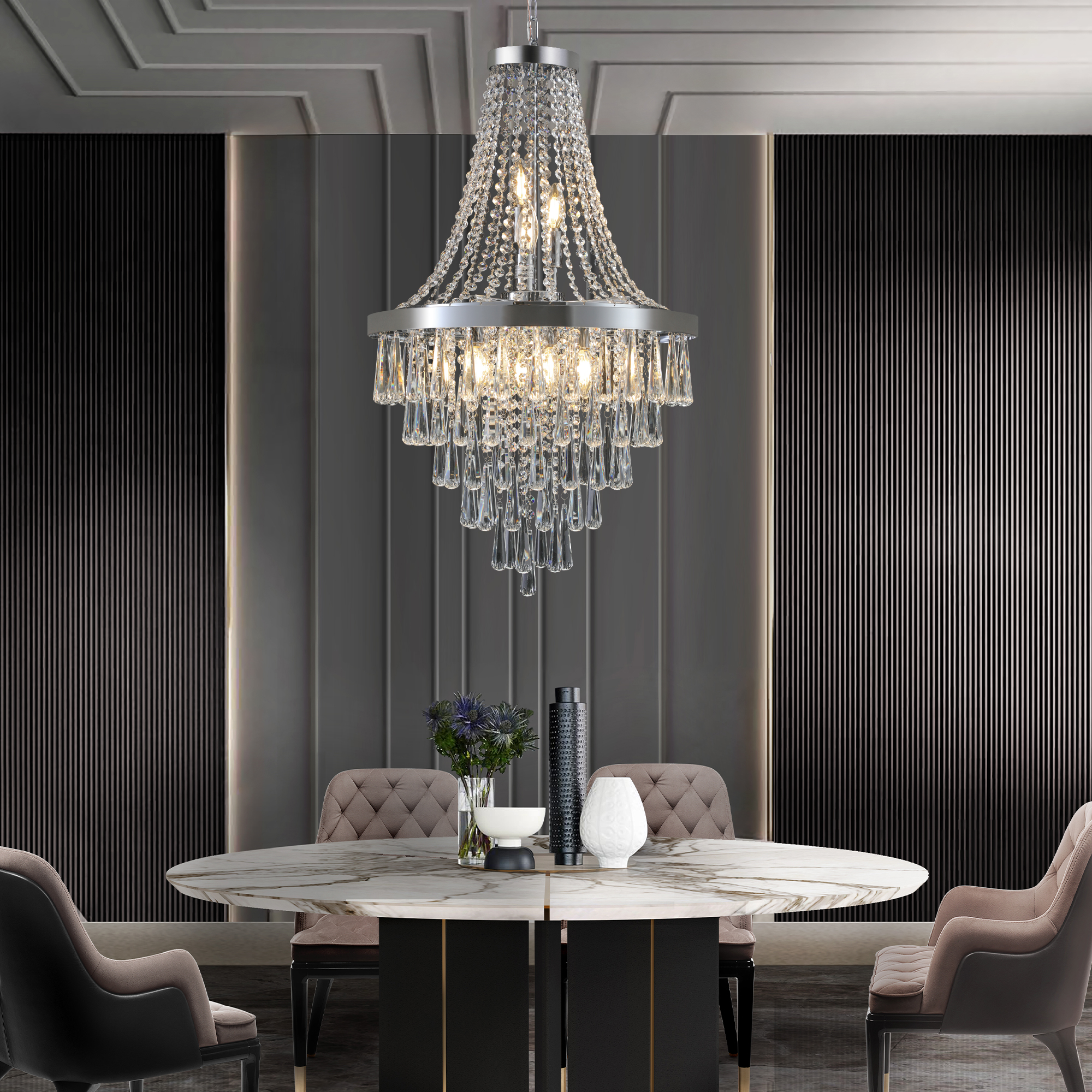 (Same as W1340P143191/L5004-500-C) 20" Chrome Crystal Chandelier with Adjustable Height, Modern Ceiling Light Fixture for Living Room, Dining Room, Staircase, 11-Light E12 Bulb Base (No Bulbs)