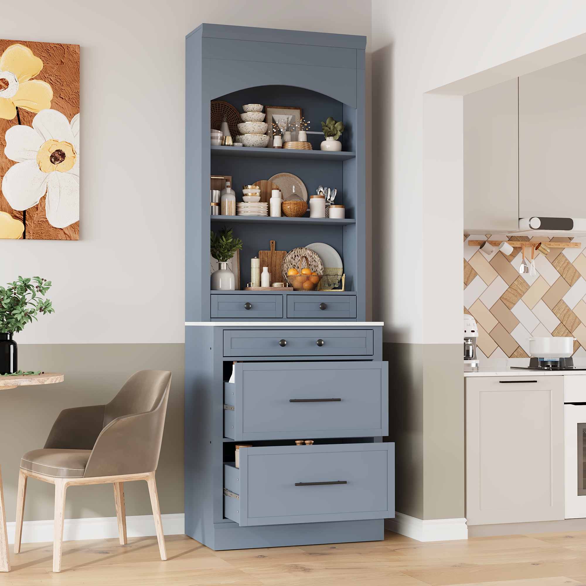 [Assembly Video Provided] TOPMAX Modern 83.7inch High Kitchen Pantry, Freestanding Tall Kitchen Hutch with Faux Marble Top, Display Cupboard Cabinet with 5 Storage Drawers and Adjustable Shelf, Gray