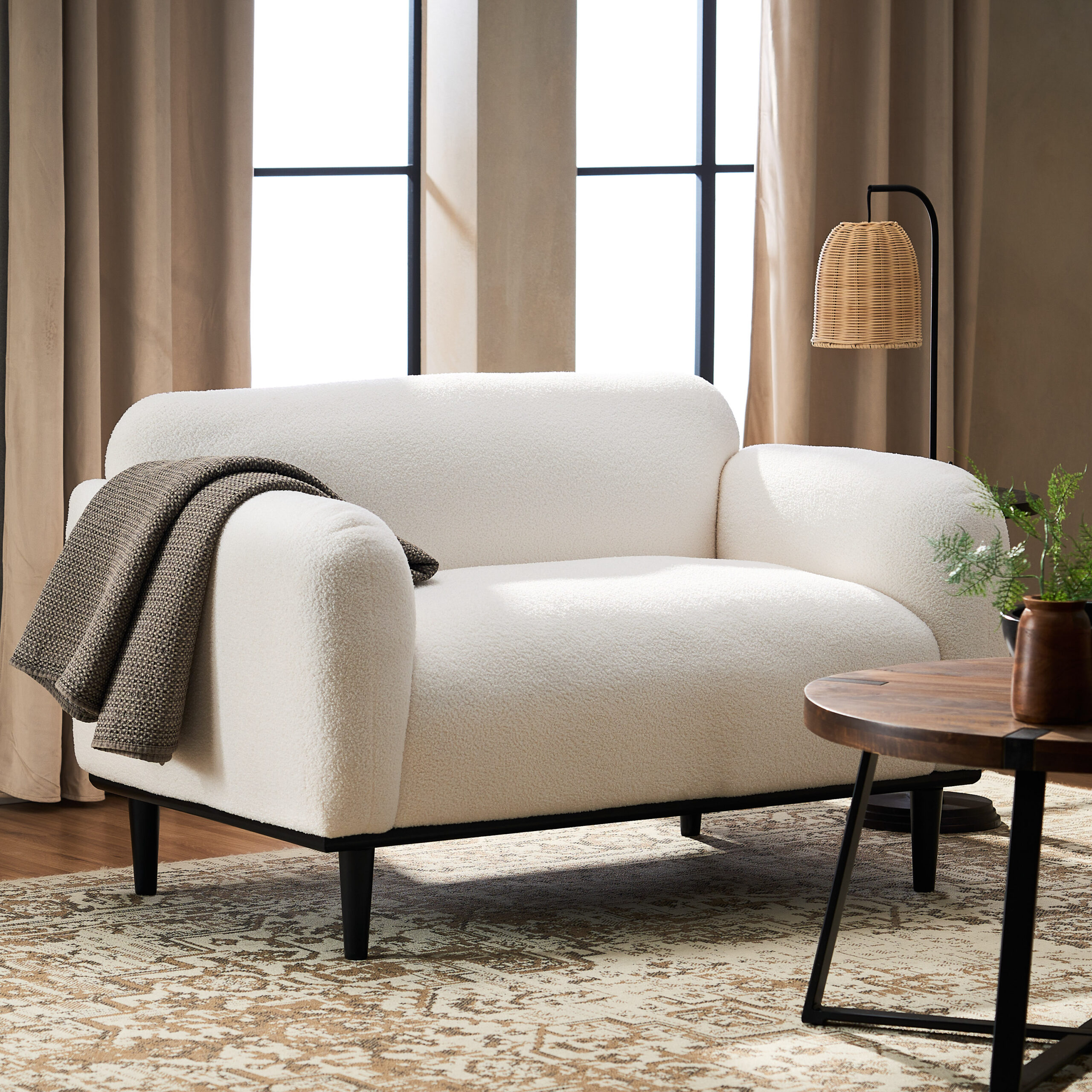 Bouclé Fabric Loveseat Sofa - 50 Inch White Upholstered 2-Seater with Black Legs, Comfortable & Stylish for Living Room, Office, or Reading Nook,White