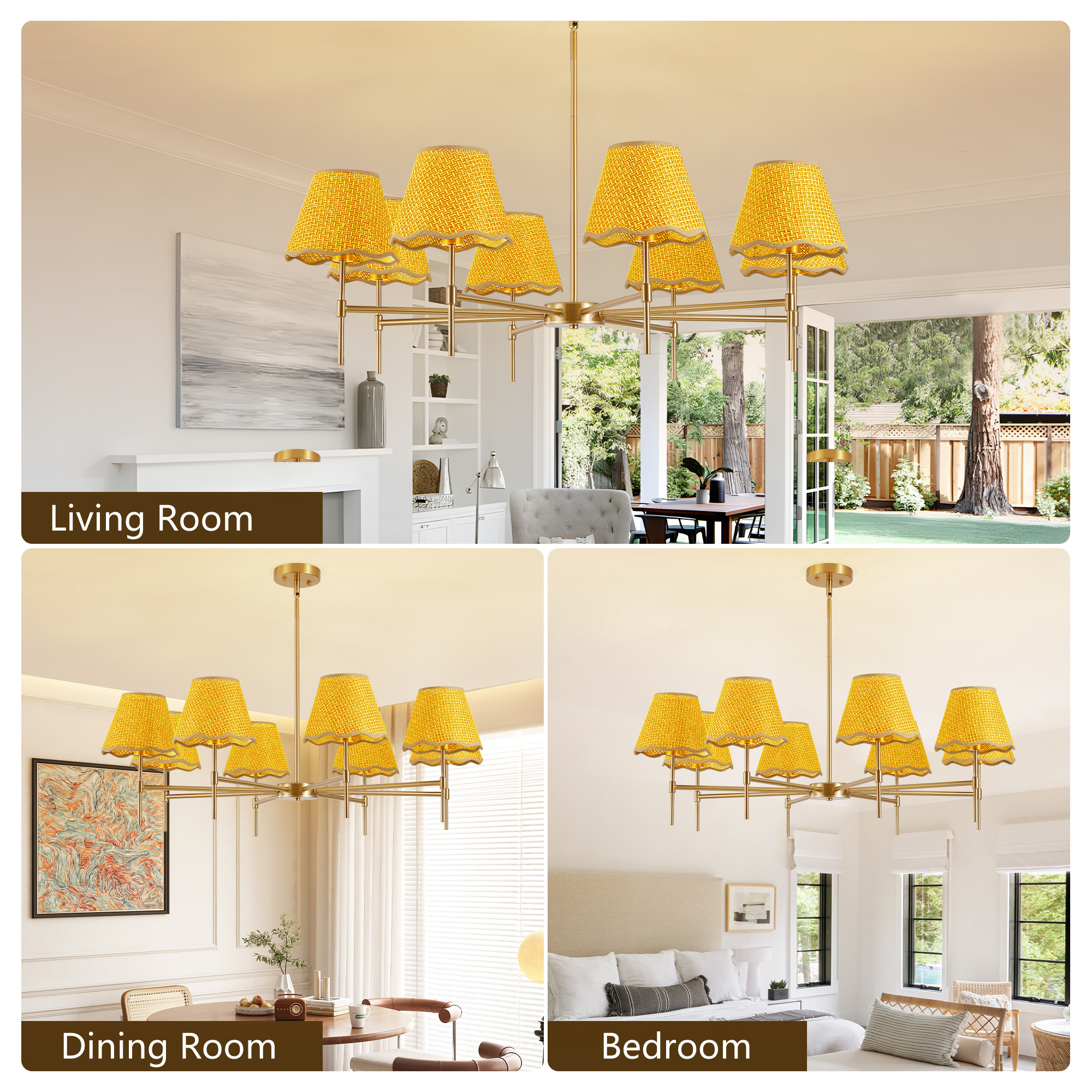 Gold Farmhouse Chandelier 8-Light Boho Pendant Lamp 38.6 in Large Rustic Rattan Chandelier Light Fixture with Height Adjustable Hanging Pole for Dining Room, Living Room, Bedroom, E12 Base - Image 4