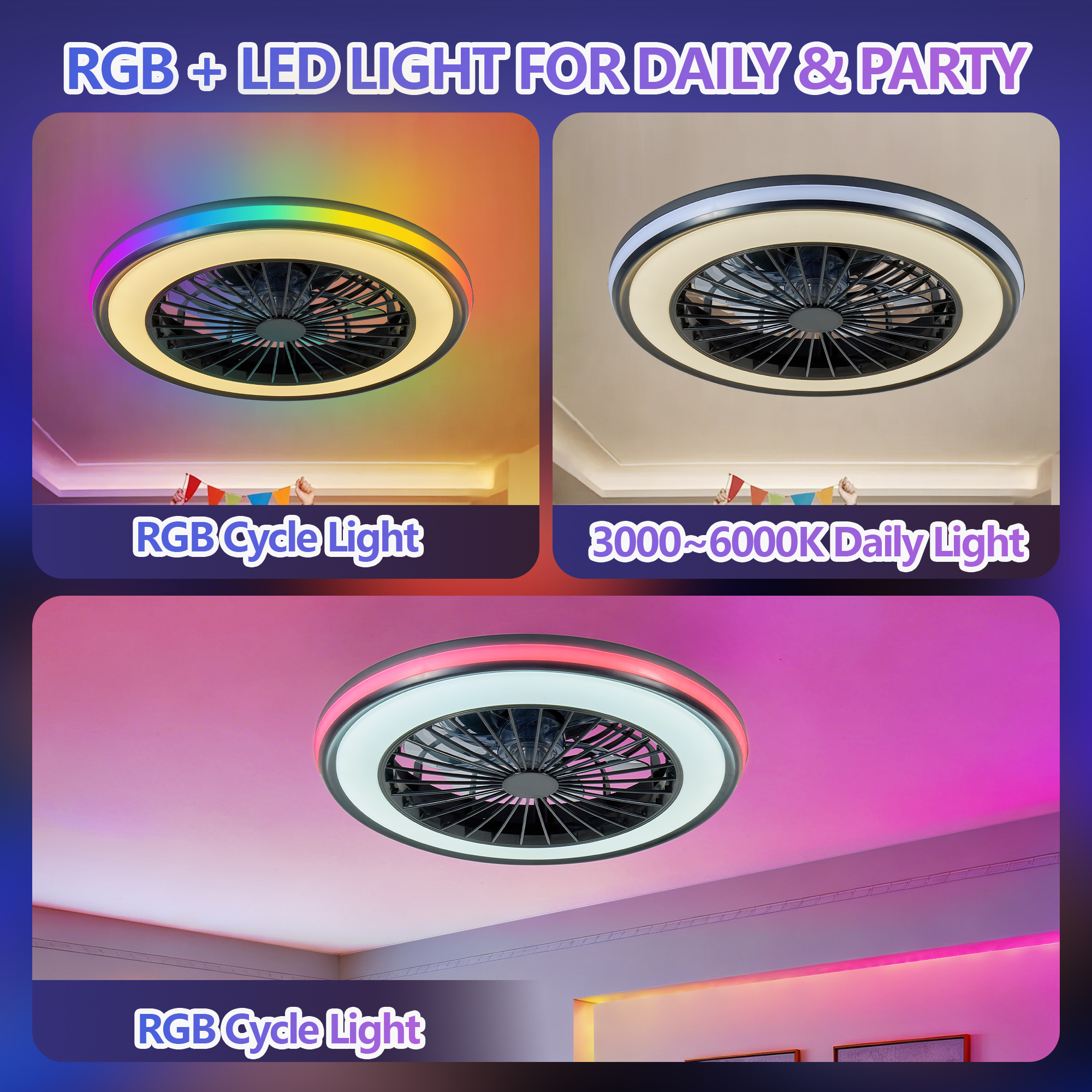 Modern LED Ceiling Light with Fan, RGB Ceiling Fan Lights, infinitely dimmable Light for Living Room, Bedroom, Office, 3000-4500-6000 K (Black & 20" & RGB) - Image 2