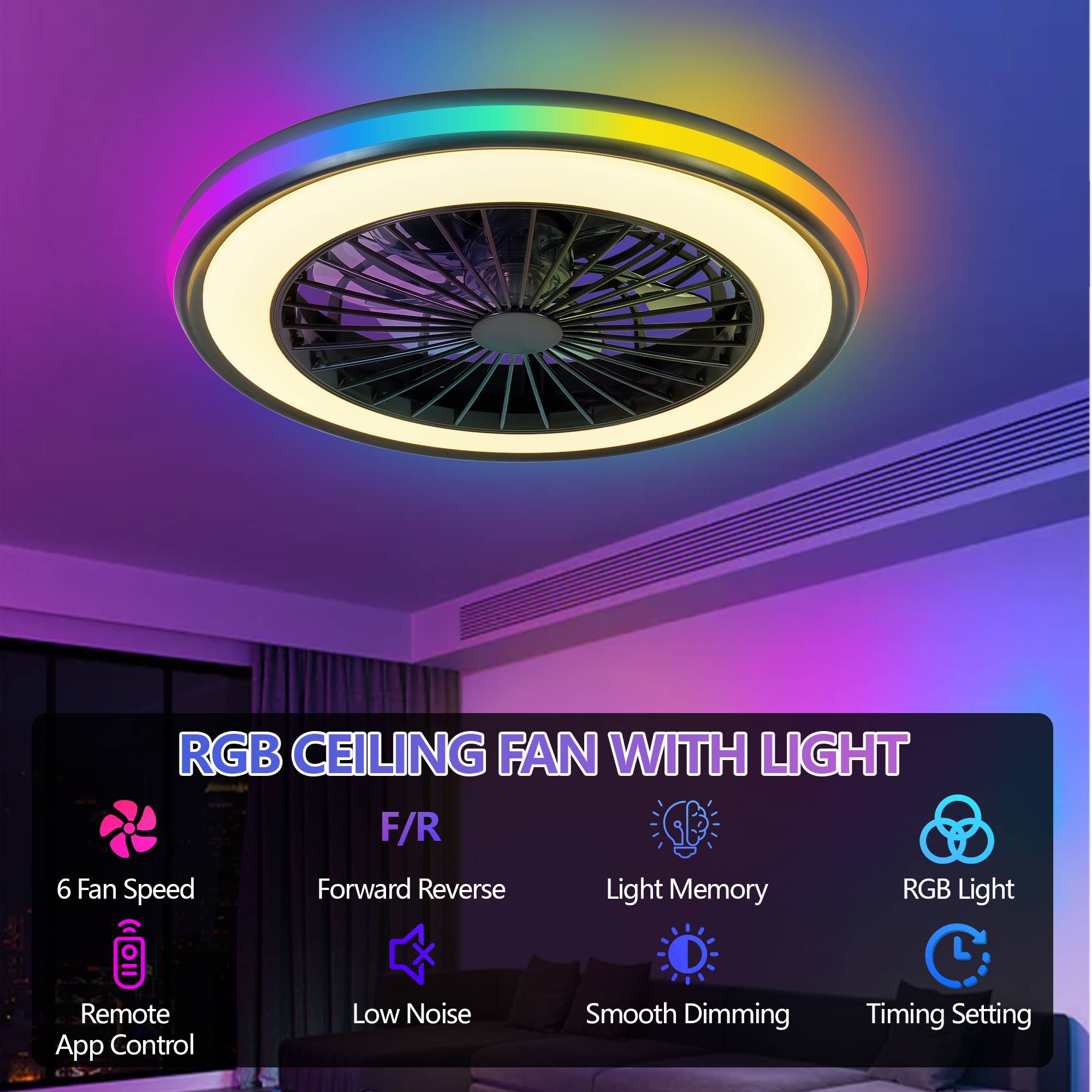 Modern LED Ceiling Light with Fan, RGB Ceiling Fan Lights, infinitely dimmable Light for Living Room, Bedroom, Office, 3000-4500-6000 K (Black & 20" & RGB) - Image 4