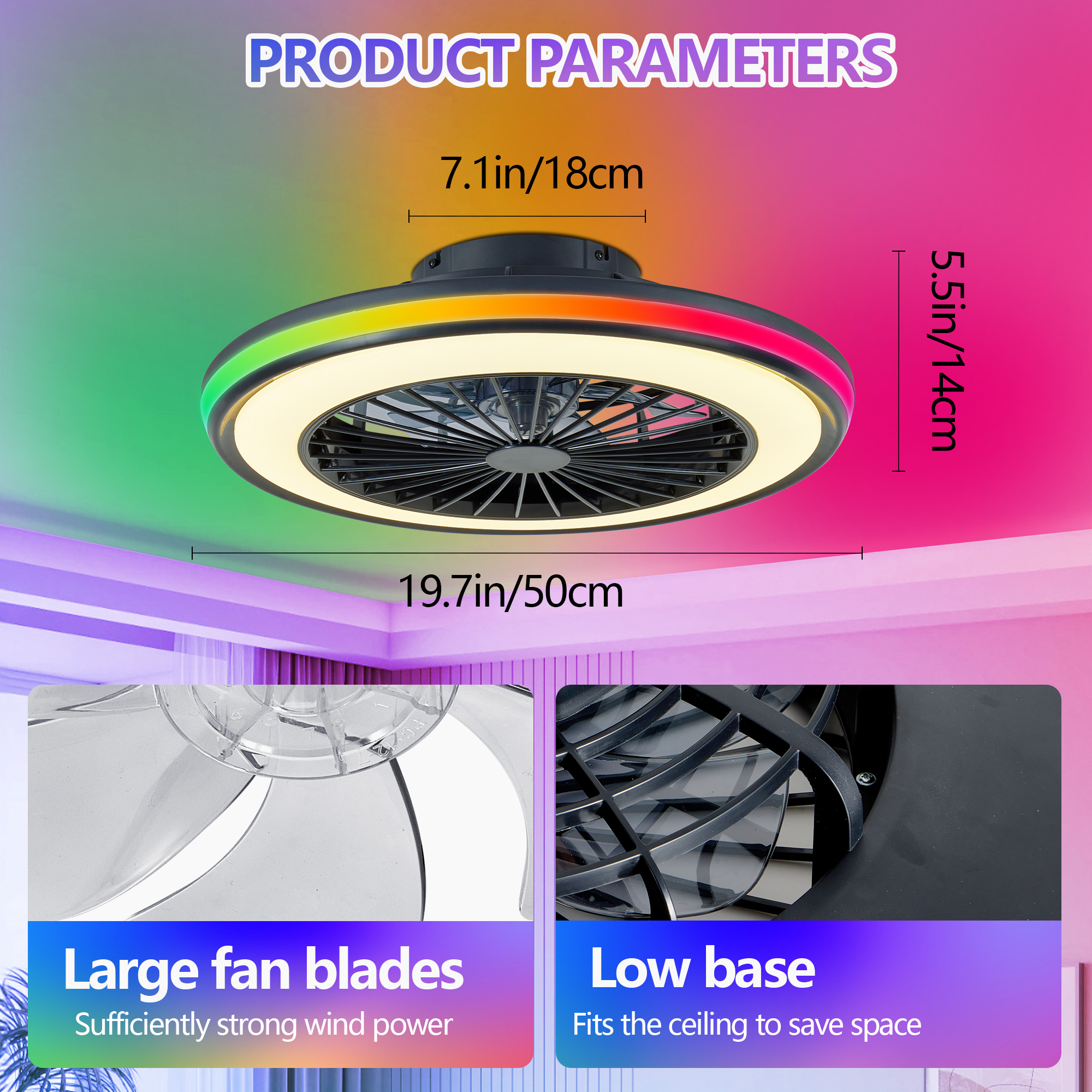 Modern LED Ceiling Light with Fan, RGB Ceiling Fan Lights, infinitely dimmable Light for Living Room, Bedroom, Office, 3000-4500-6000 K (Black & 20" & RGB) - Image 8
