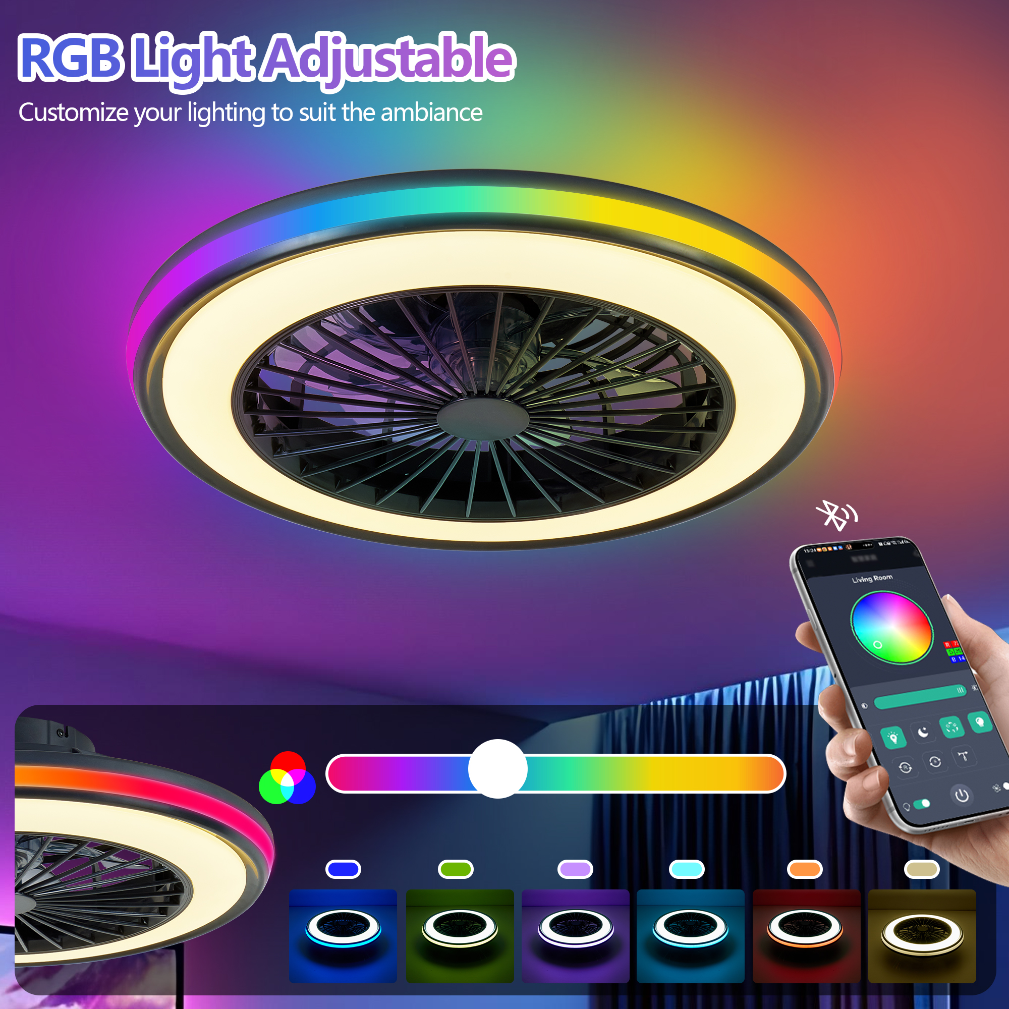 Modern LED Ceiling Light with Fan, RGB Ceiling Fan Lights, infinitely dimmable Light for Living Room, Bedroom, Office, 3000-4500-6000 K (Black & 20" & RGB) - Image 3