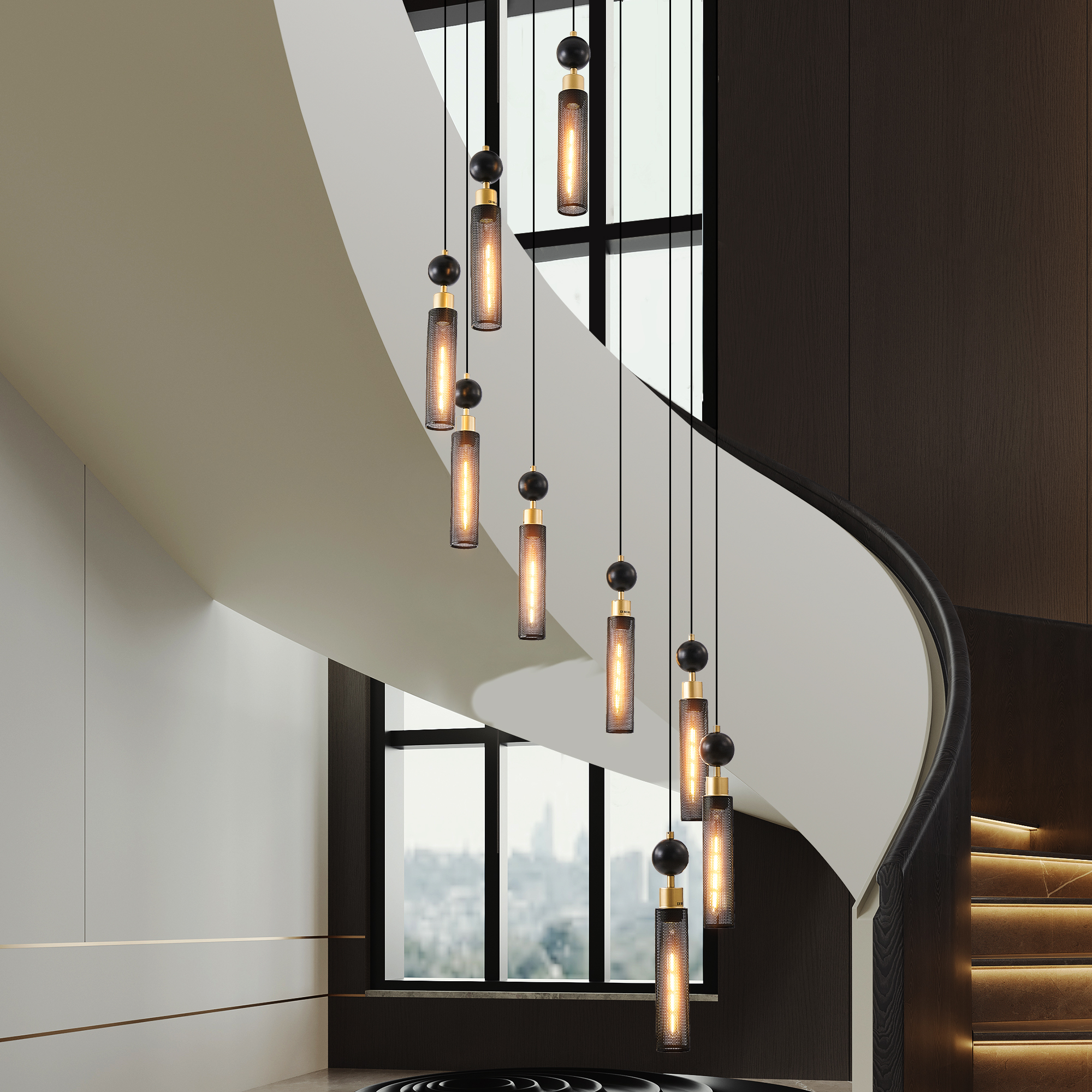 24" Modern Industrial Multi-Light Pendant Chandelier - 9-Light Black and Gold Adjustable Ceiling Light Fixture with Mesh Cylinder Shades for Living Room, Dining Room, or Staircase (Bulb Not Included) - Image 2