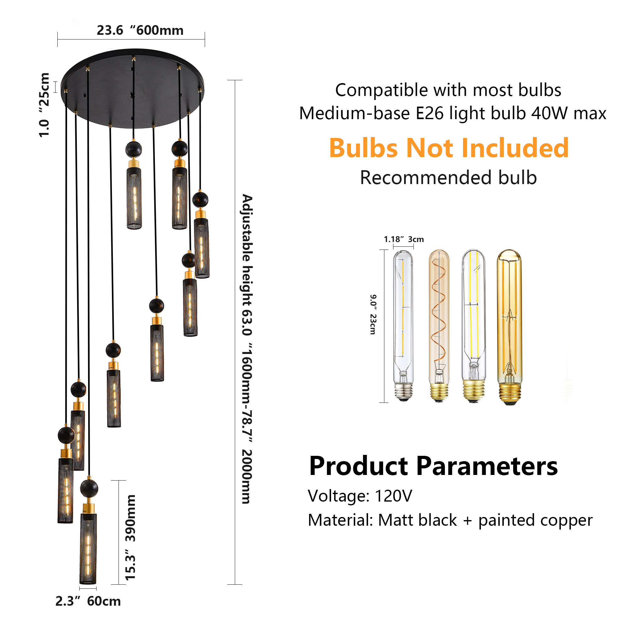 24" Modern Industrial Multi-Light Pendant Chandelier - 9-Light Black and Gold Adjustable Ceiling Light Fixture with Mesh Cylinder Shades for Living Room, Dining Room, or Staircase (Bulb Not Included) - Image 9