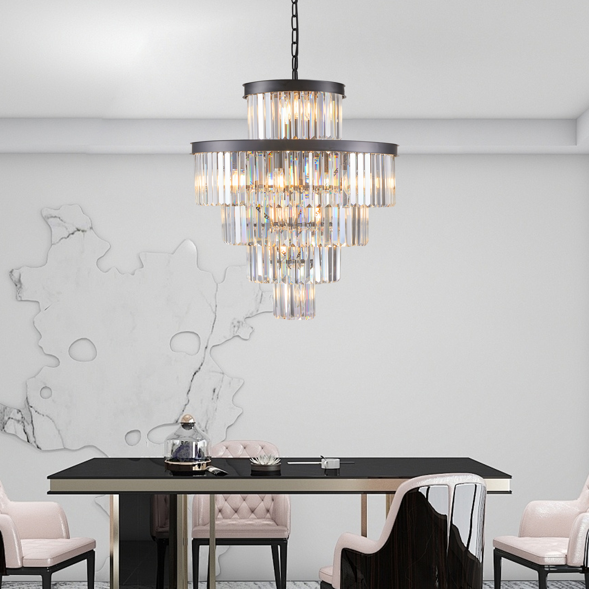 (Same as W1340P188535/L5002-600-B) 24" Luxury Crystal Chandelier with Black Finish – Elegant 15-Light 5 Tier Pendant Light Fixture for Living Room, Dining Room, or Entryway (Bulb Not Included) - Image 4