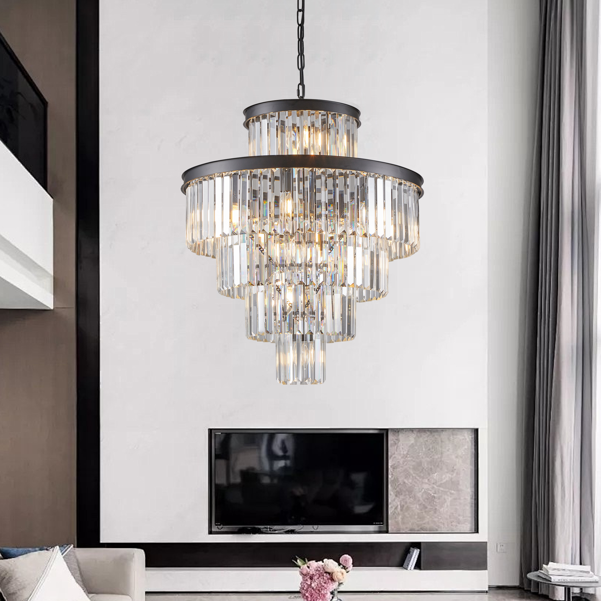 (Same as W1340P188535/L5002-600-B) 24" Luxury Crystal Chandelier with Black Finish – Elegant 15-Light 5 Tier Pendant Light Fixture for Living Room, Dining Room, or Entryway (Bulb Not Included) - Image 2