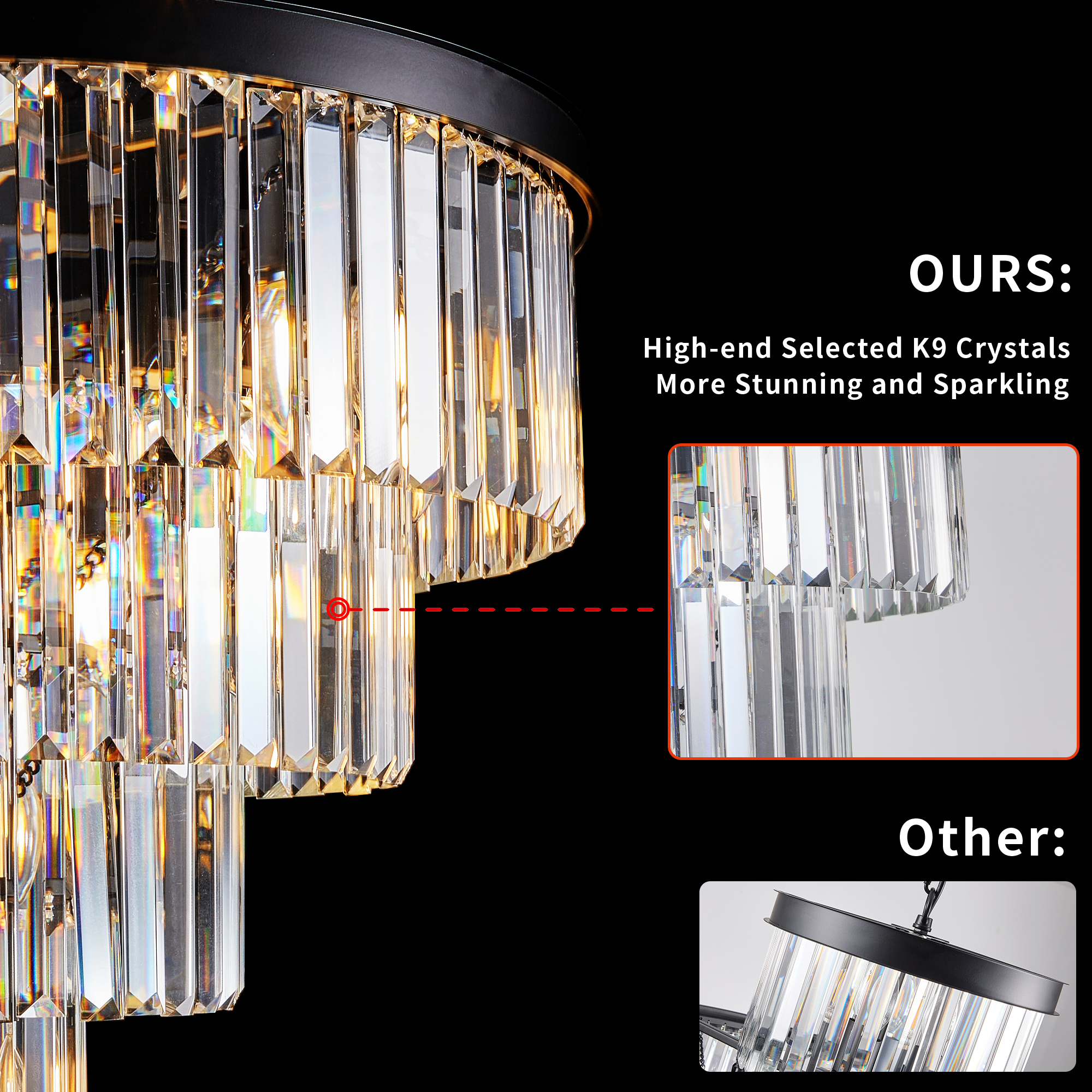 (Same as W1340P188535/L5002-600-B) 24" Luxury Crystal Chandelier with Black Finish – Elegant 15-Light 5 Tier Pendant Light Fixture for Living Room, Dining Room, or Entryway (Bulb Not Included) - Image 5
