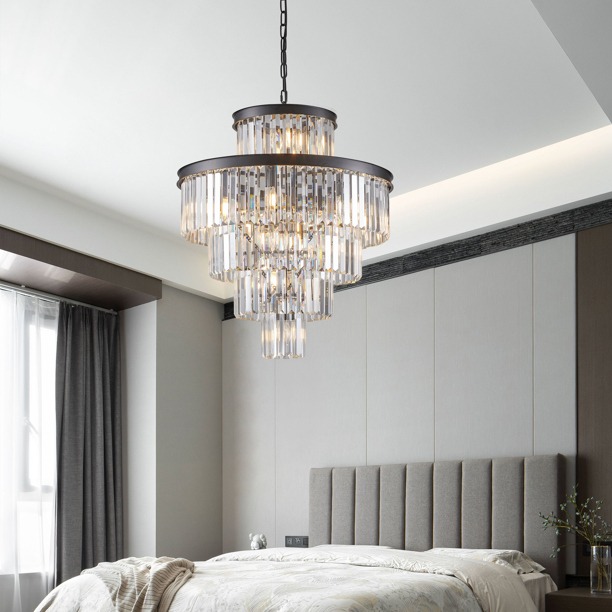 (Same as W1340P188535/L5002-600-B) 24" Luxury Crystal Chandelier with Black Finish – Elegant 15-Light 5 Tier Pendant Light Fixture for Living Room, Dining Room, or Entryway (Bulb Not Included) - Image 3