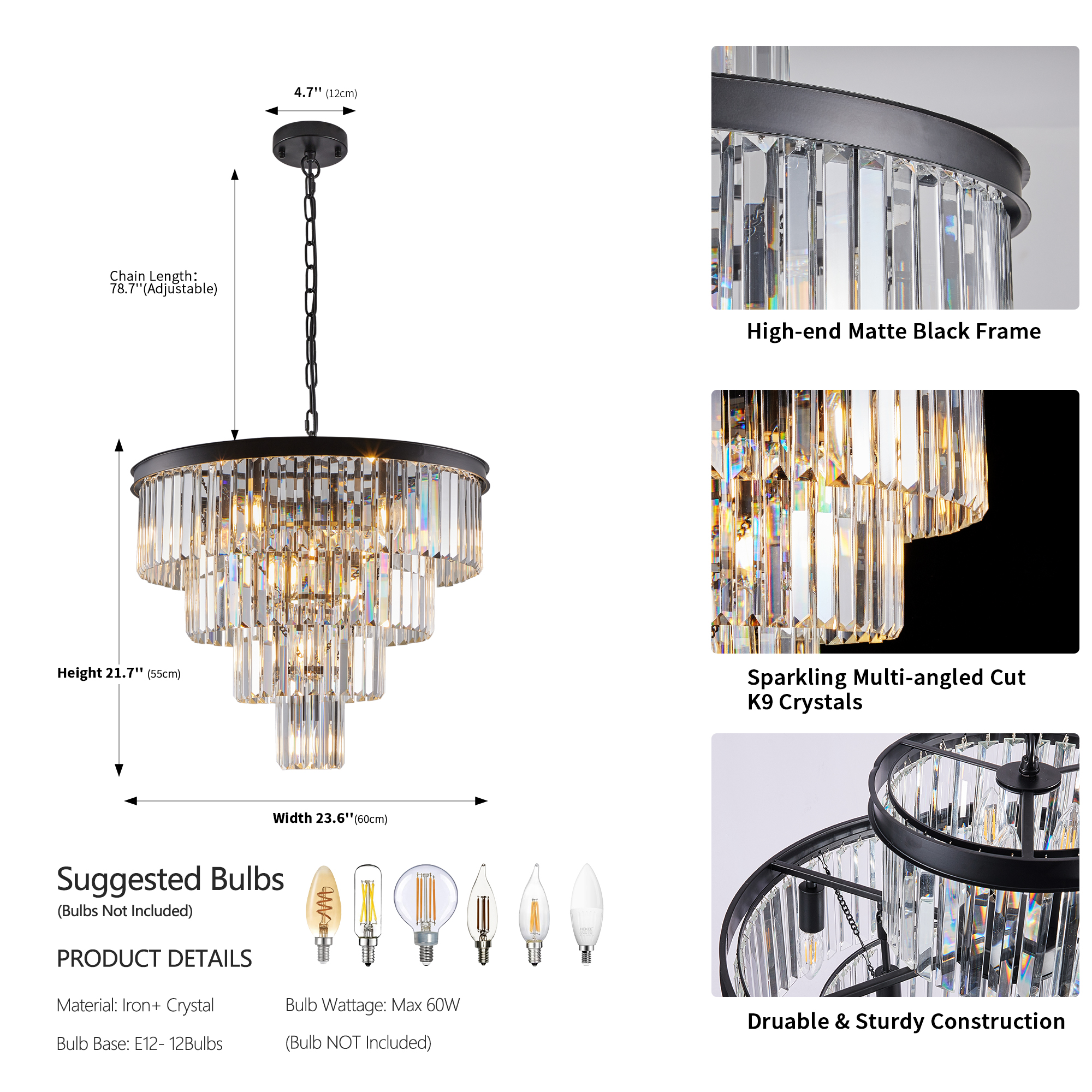(Same as W1340P188542/L5007-600-B) 24" Contemporary Crystal Modern Chandeliers Crystal Ceiling Chandelier 4 Tier Black Chandelier Lighting for Dining Room Living Room Bedroom (Bulbs Not included) - Image 3
