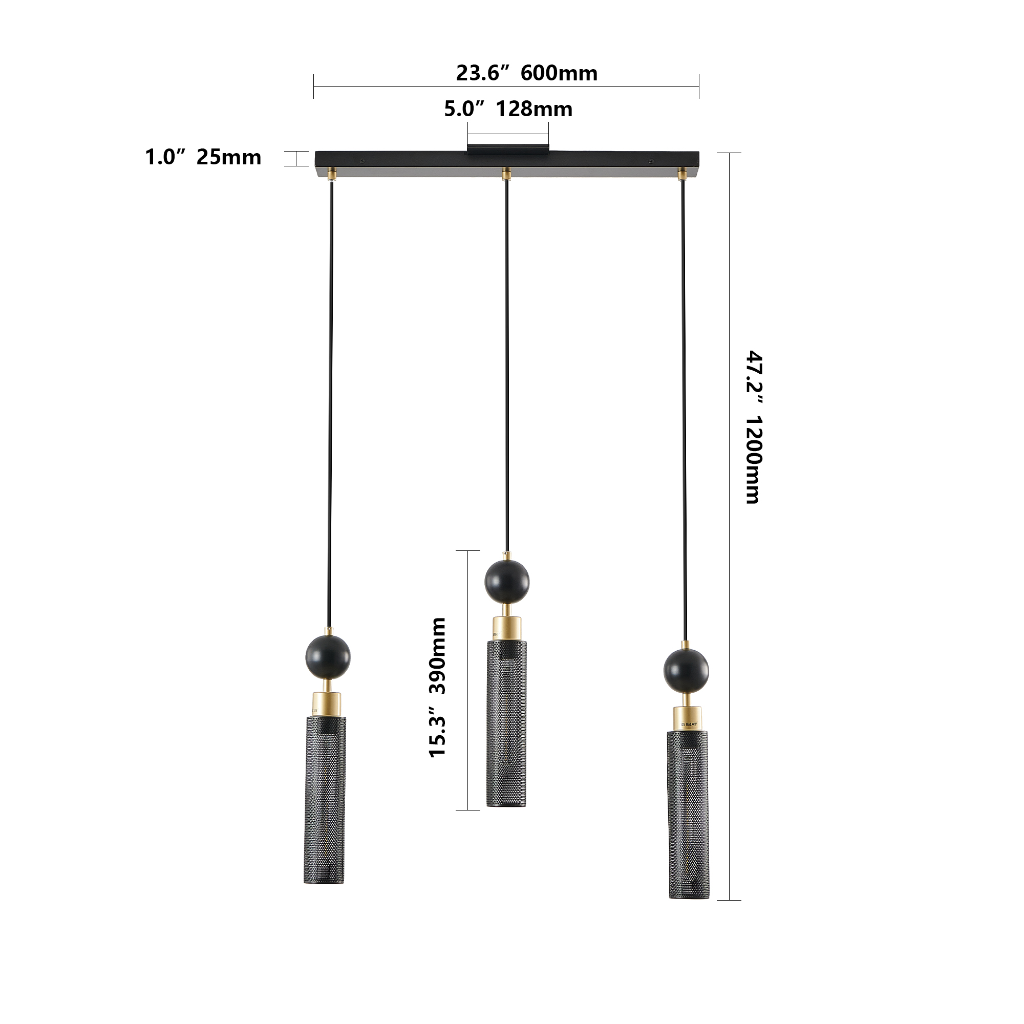 25" Modern Black and Gold 3-Light Pendant Chandelier, Adjustable Hanging Lights with Cylindrical Mesh Shades, E26 Base, Ideal for Dining Room, Kitchen Island, or Living Room Lighting (No Bulbs) - Image 8