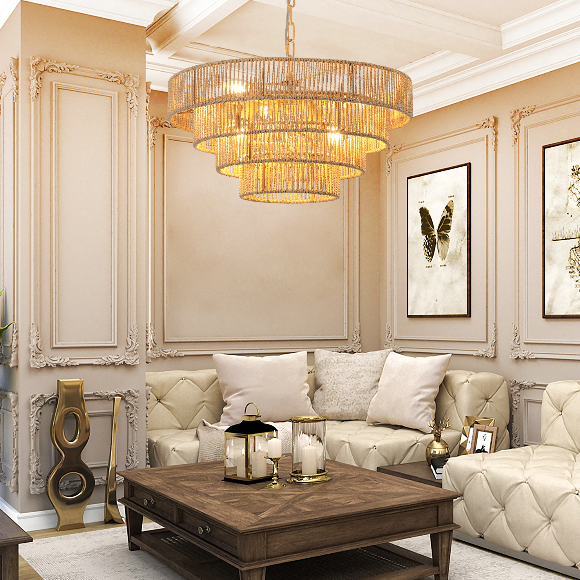 (Same as W1340P155976/L1019-4) 20" Modern 4-Layer Woven Hemp Rope Chandelier, Boho Style Pendant Light, Elegant Hanging Light Fixture for Living Room, Dining Room, Bedroom (No Bulbs) - Image 2