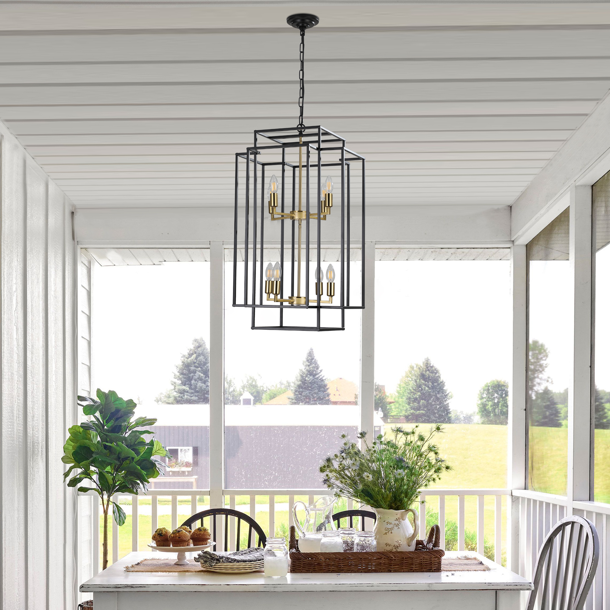 (Same as W1340142524/L1018-G) 18" Modern 8-Light Black Gold Geometric Pendant Chandelier, Industrial Metal Frame, Adjustable Hanging Light for Living Room, Dining Room, Kitchen (No Bulbs) - Image 6