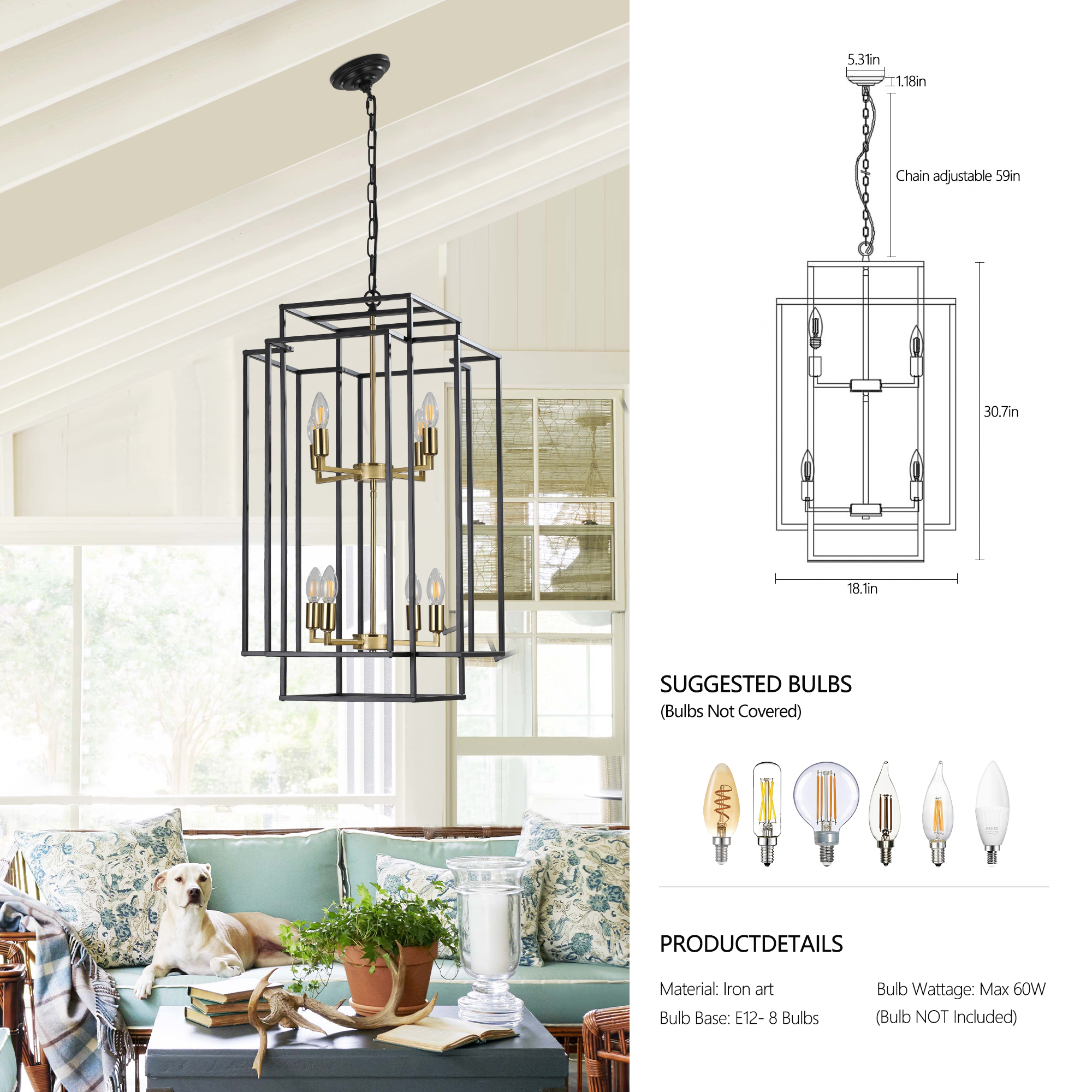 (Same as W1340142524/L1018-G) 18" Modern 8-Light Black Gold Geometric Pendant Chandelier, Industrial Metal Frame, Adjustable Hanging Light for Living Room, Dining Room, Kitchen (No Bulbs) - Image 7