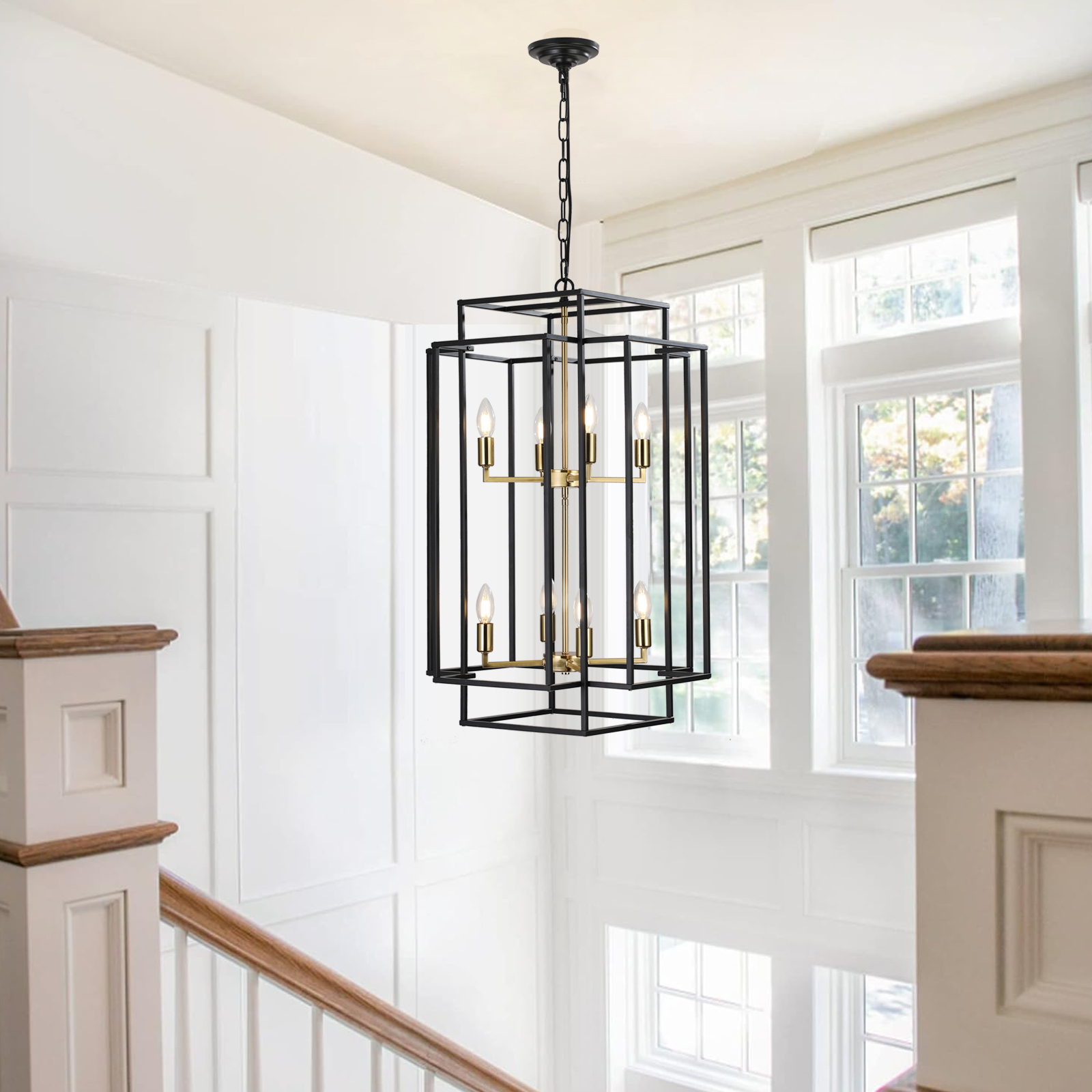 (Same as W1340142524/L1018-G) 18" Modern 8-Light Black Gold Geometric Pendant Chandelier, Industrial Metal Frame, Adjustable Hanging Light for Living Room, Dining Room, Kitchen (No Bulbs) - Image 2