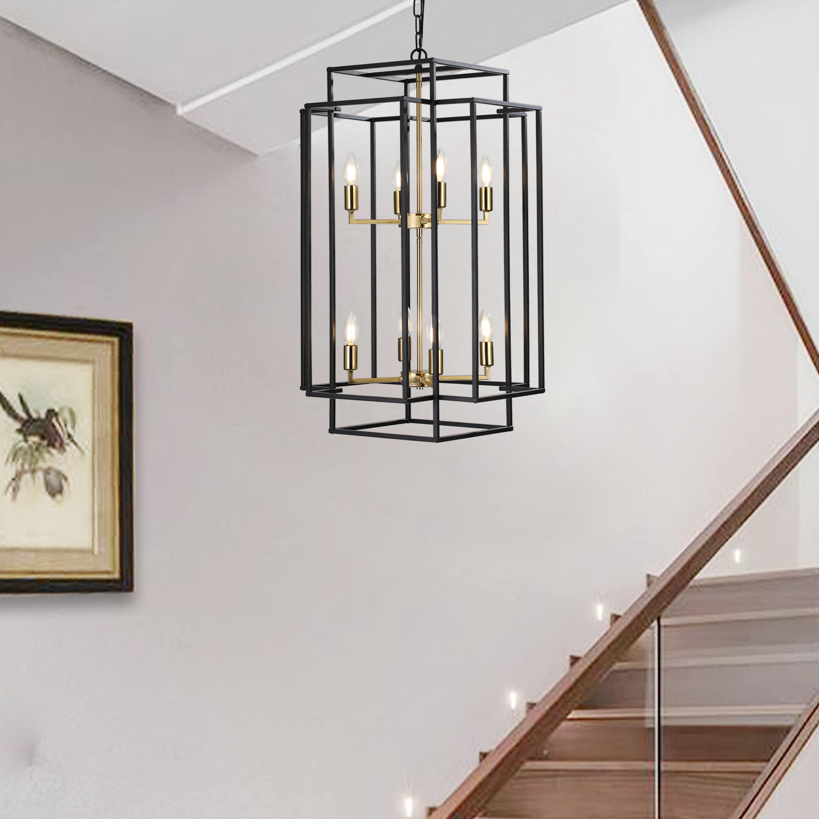 (Same as W1340142524/L1018-G) 18" Modern 8-Light Black Gold Geometric Pendant Chandelier, Industrial Metal Frame, Adjustable Hanging Light for Living Room, Dining Room, Kitchen (No Bulbs) - Image 3