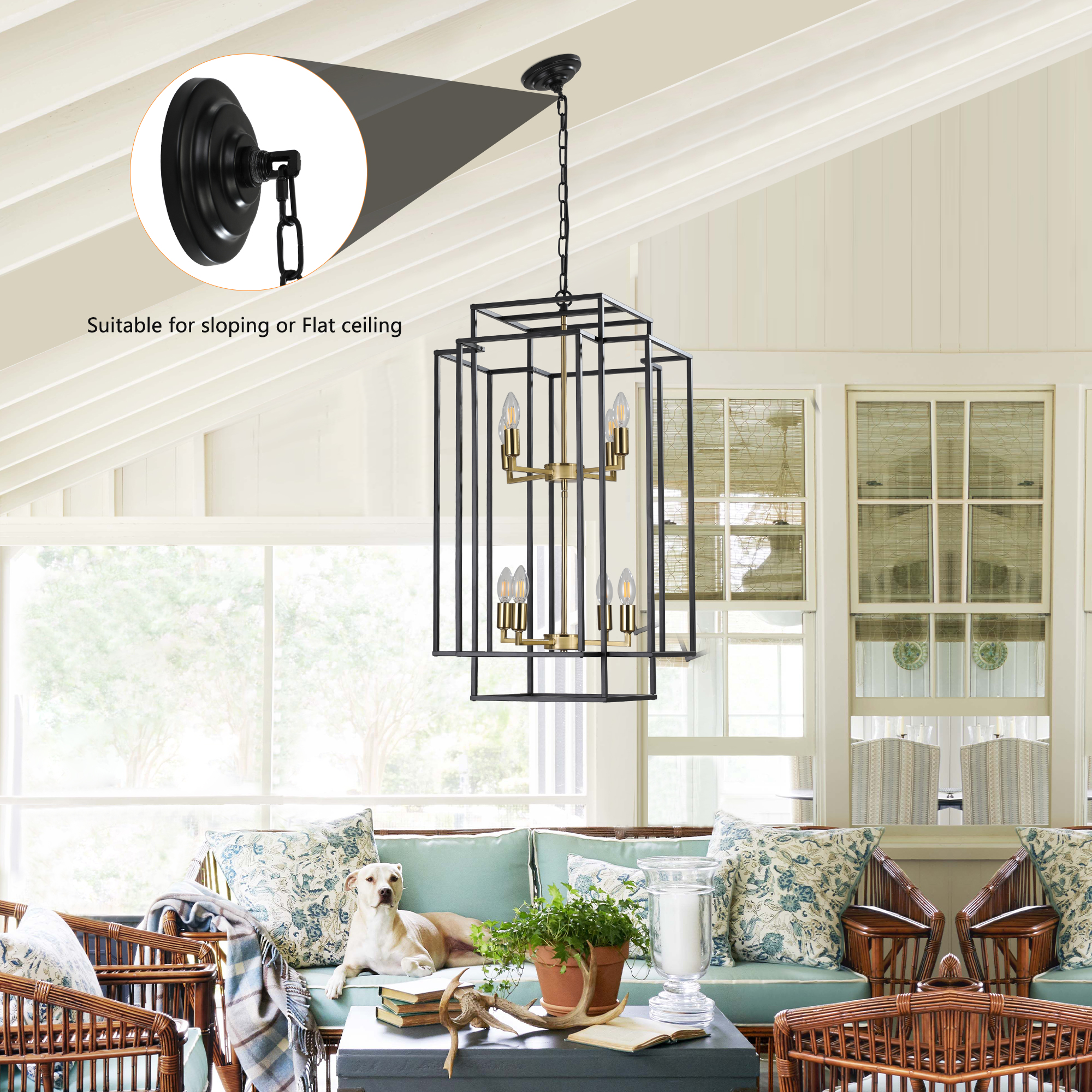 (Same as W1340142524/L1018-G) 18" Modern 8-Light Black Gold Geometric Pendant Chandelier, Industrial Metal Frame, Adjustable Hanging Light for Living Room, Dining Room, Kitchen (No Bulbs) - Image 9