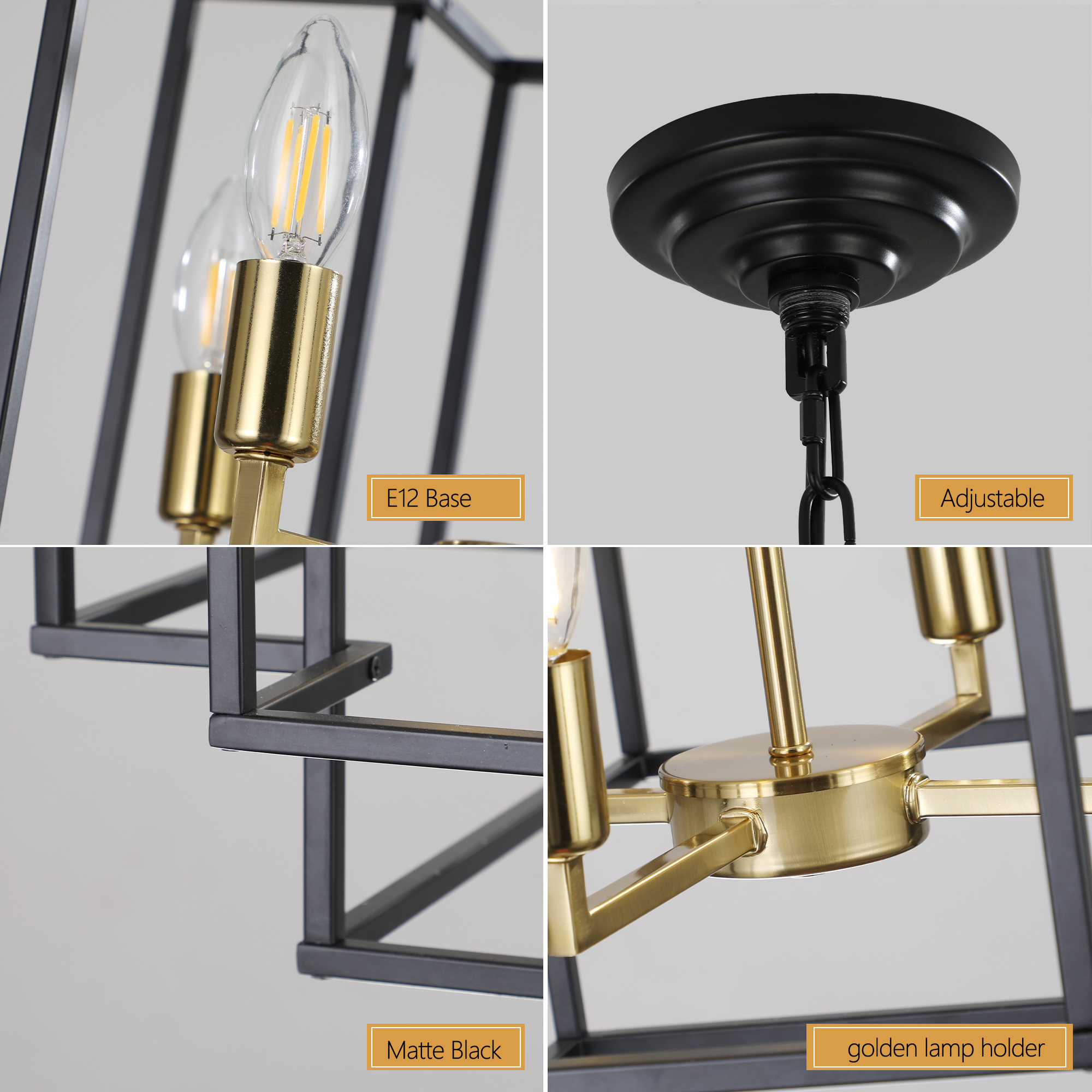 (Same as W1340142524/L1018-G) 18" Modern 8-Light Black Gold Geometric Pendant Chandelier, Industrial Metal Frame, Adjustable Hanging Light for Living Room, Dining Room, Kitchen (No Bulbs) - Image 8