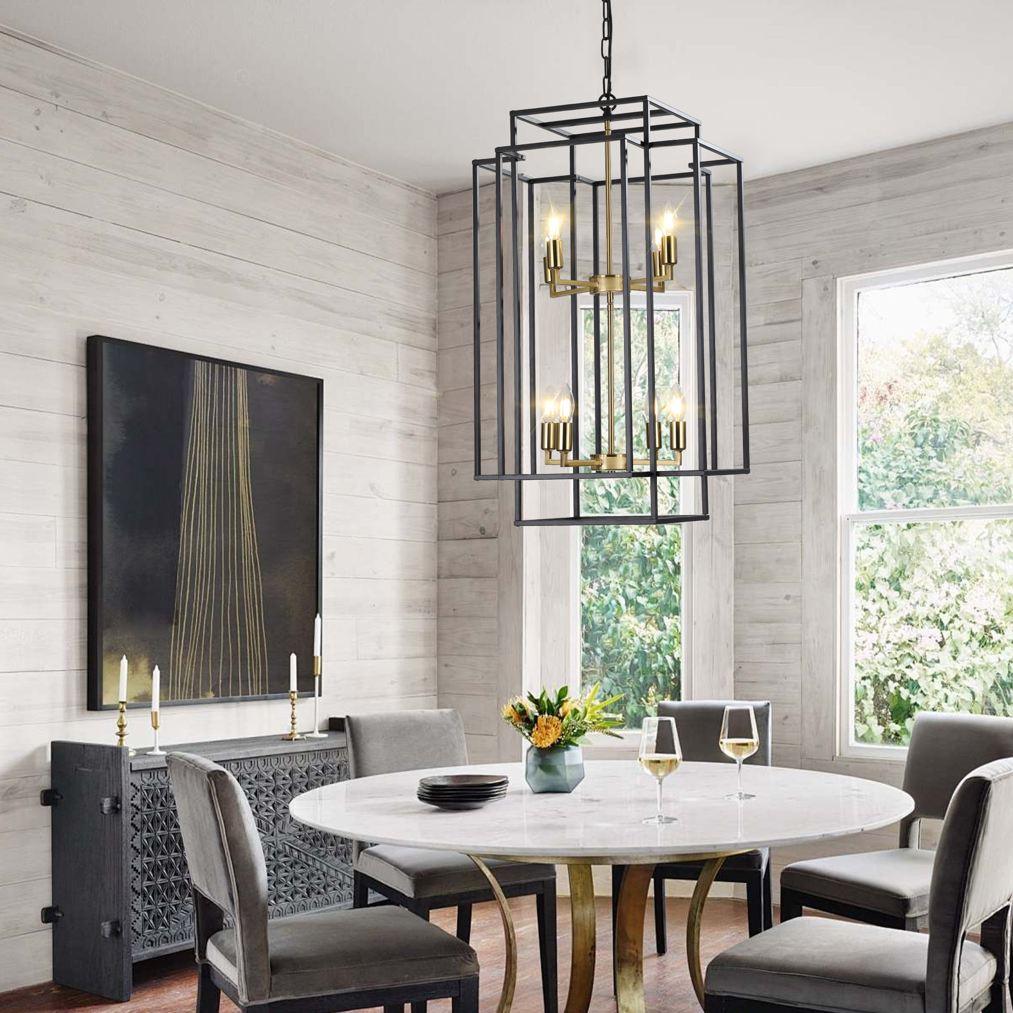 (Same as W1340142524/L1018-G) 18" Modern 8-Light Black Gold Geometric Pendant Chandelier, Industrial Metal Frame, Adjustable Hanging Light for Living Room, Dining Room, Kitchen (No Bulbs) - Image 5
