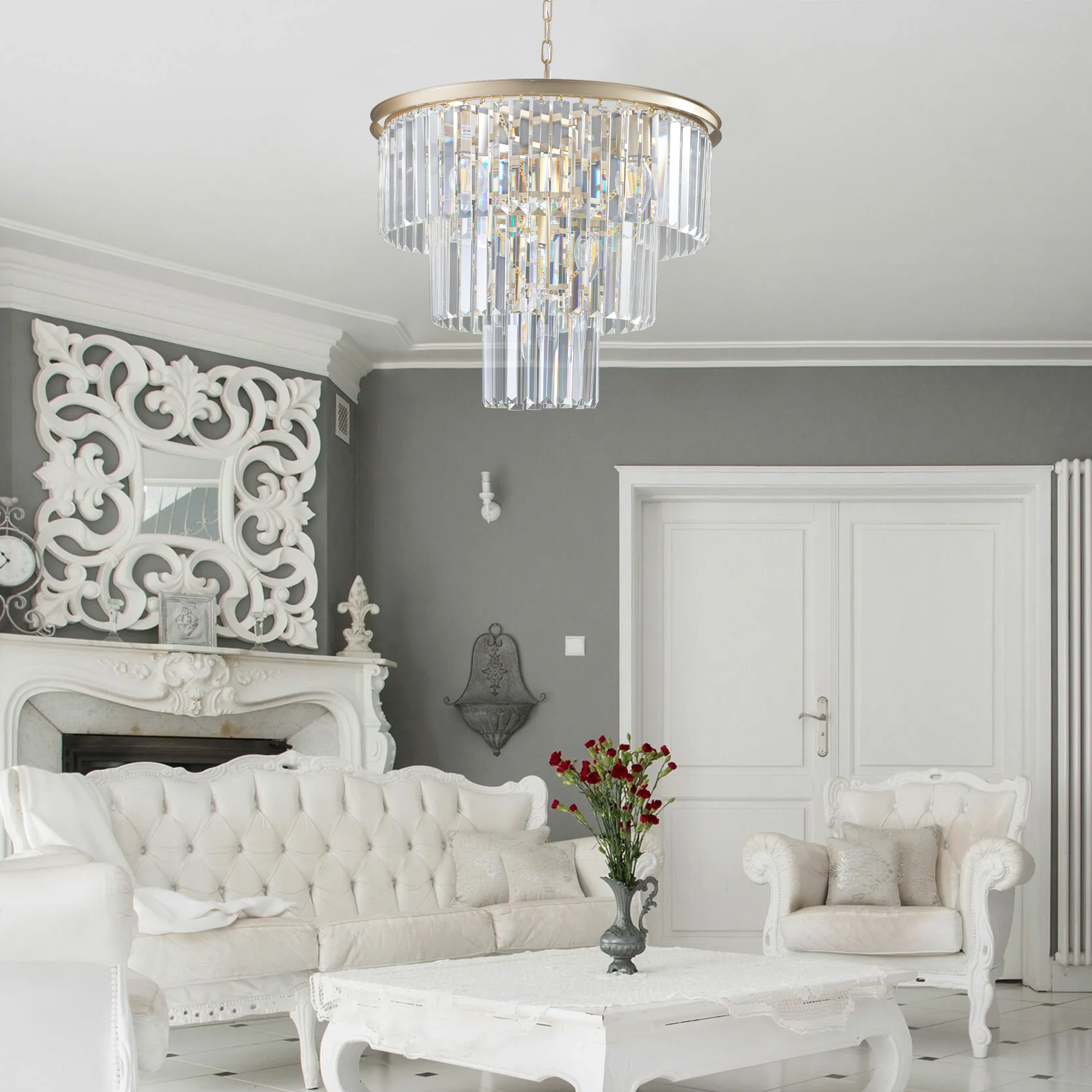 (Same as W1340P143192/L5007-500-G) 20" Luxury 3-Tier Crystal Chandelier, 7-Light Gold Frame Pendant Light, Elegant Ceiling Lighting for Living Room, Dining Room, Bedroom (No Bulbs) - Image 2