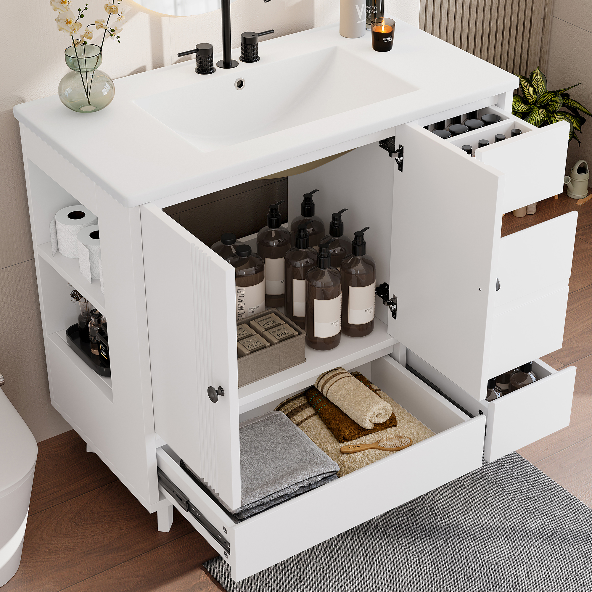 36" Bathroom Vanity with Sink, Free Standing Single Vanity Set with 4 Drawers and Side Storage Rack, Wood Cabinet with Ceramic Basin for Bathroom, White - Image 1