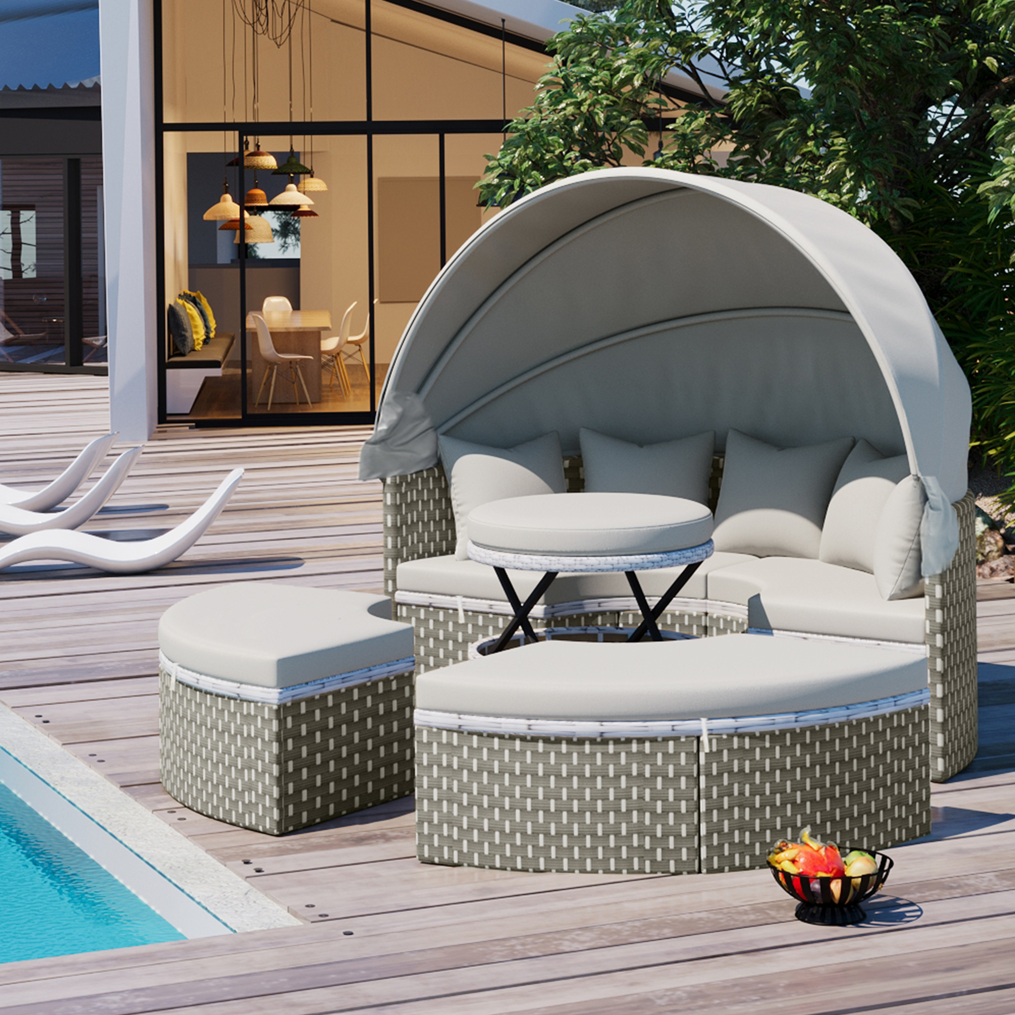 TOPMAX Patio Furniture Round Outdoor Sectional Sofa Set Rattan Daybed Two-Tone Weave Sunbed with Retractable Canopy, Separate Seating and Removable Cushion, Gray - Image 1